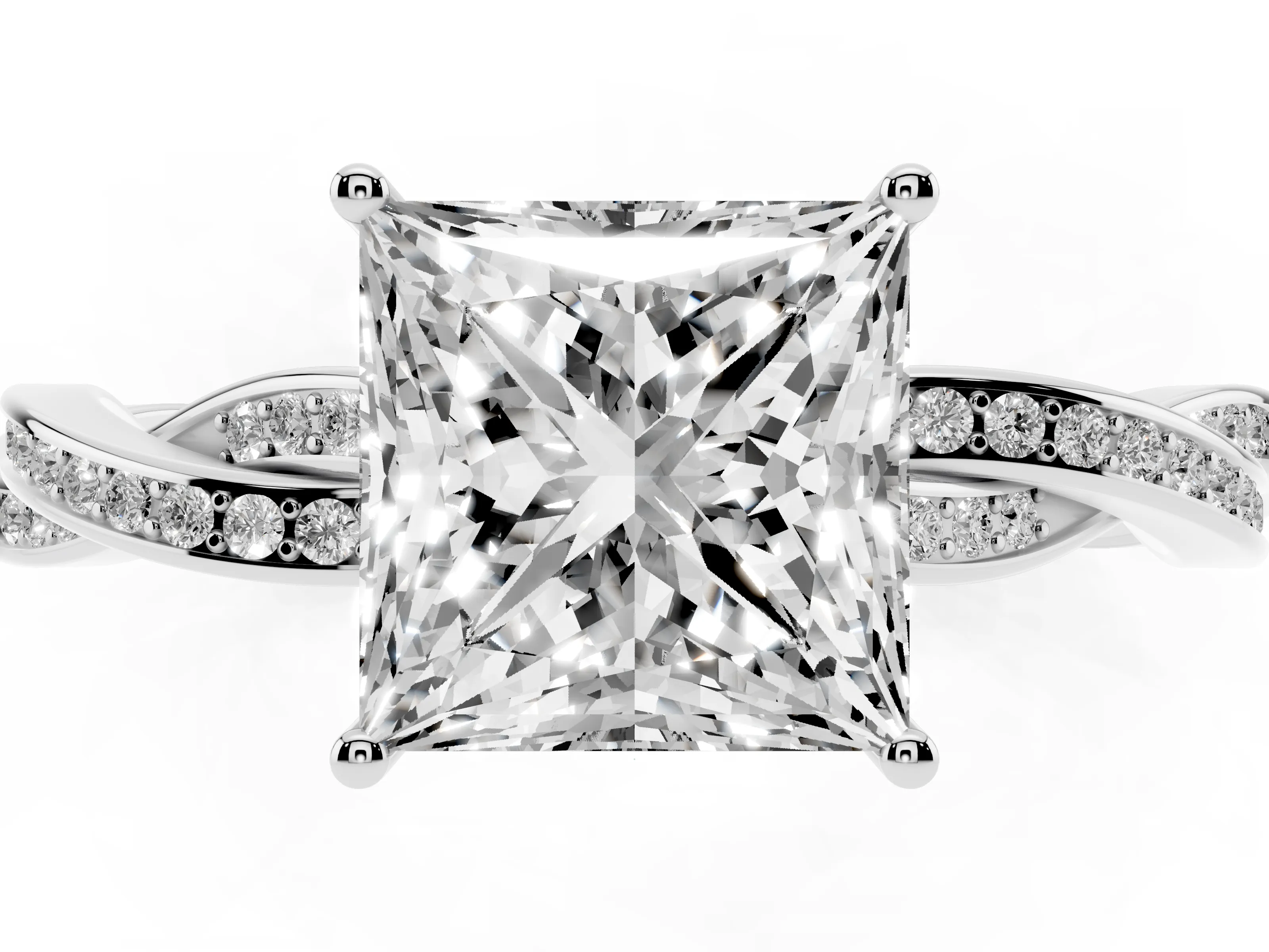 Princess Cut Diamond Solitaire Twisted Pavé Ring Set in White gold with Prong Setting