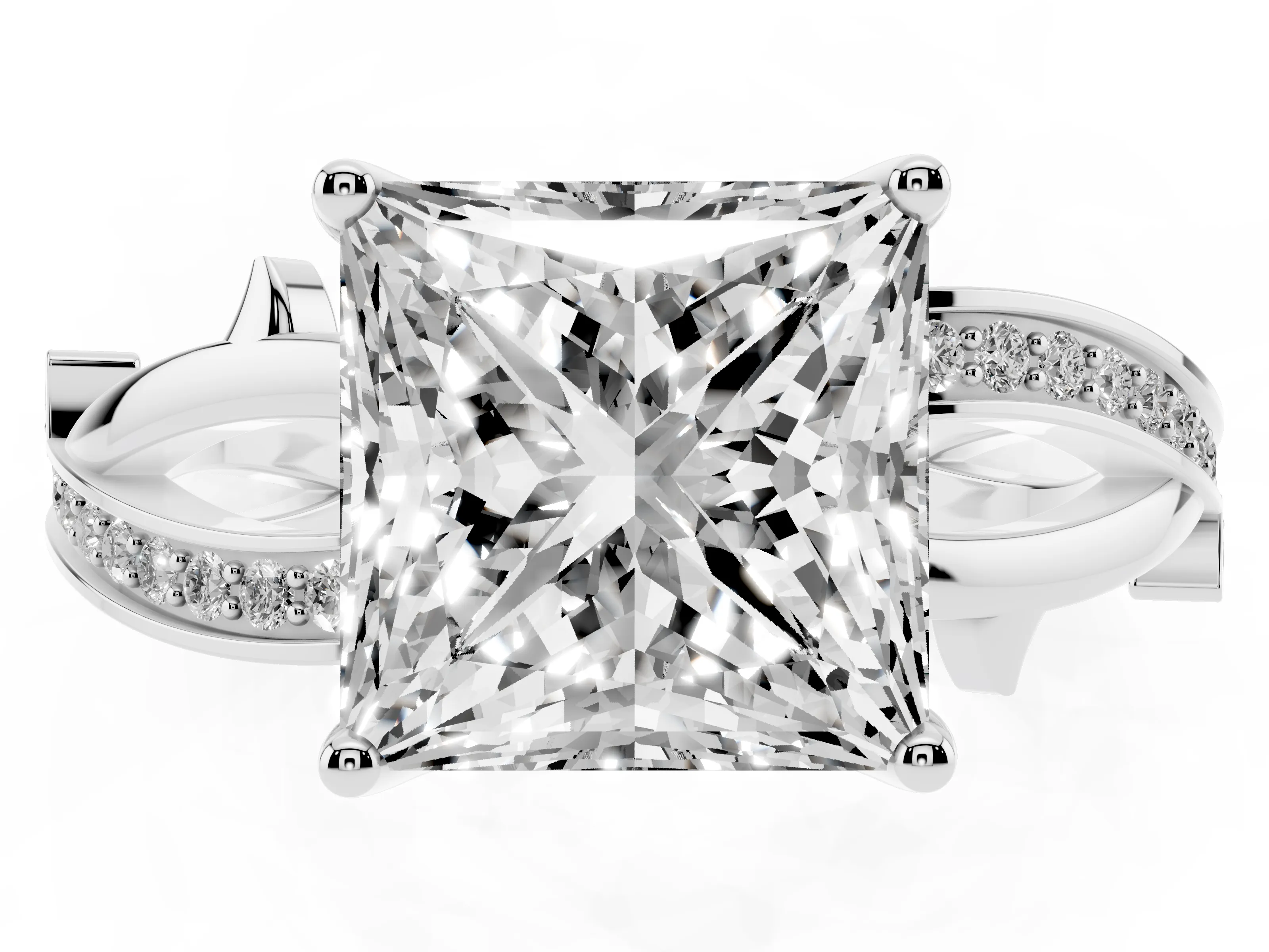 Princess Cut Diamond Pavé Twist Band Solitaire Ring Set in White gold with Prong Setting