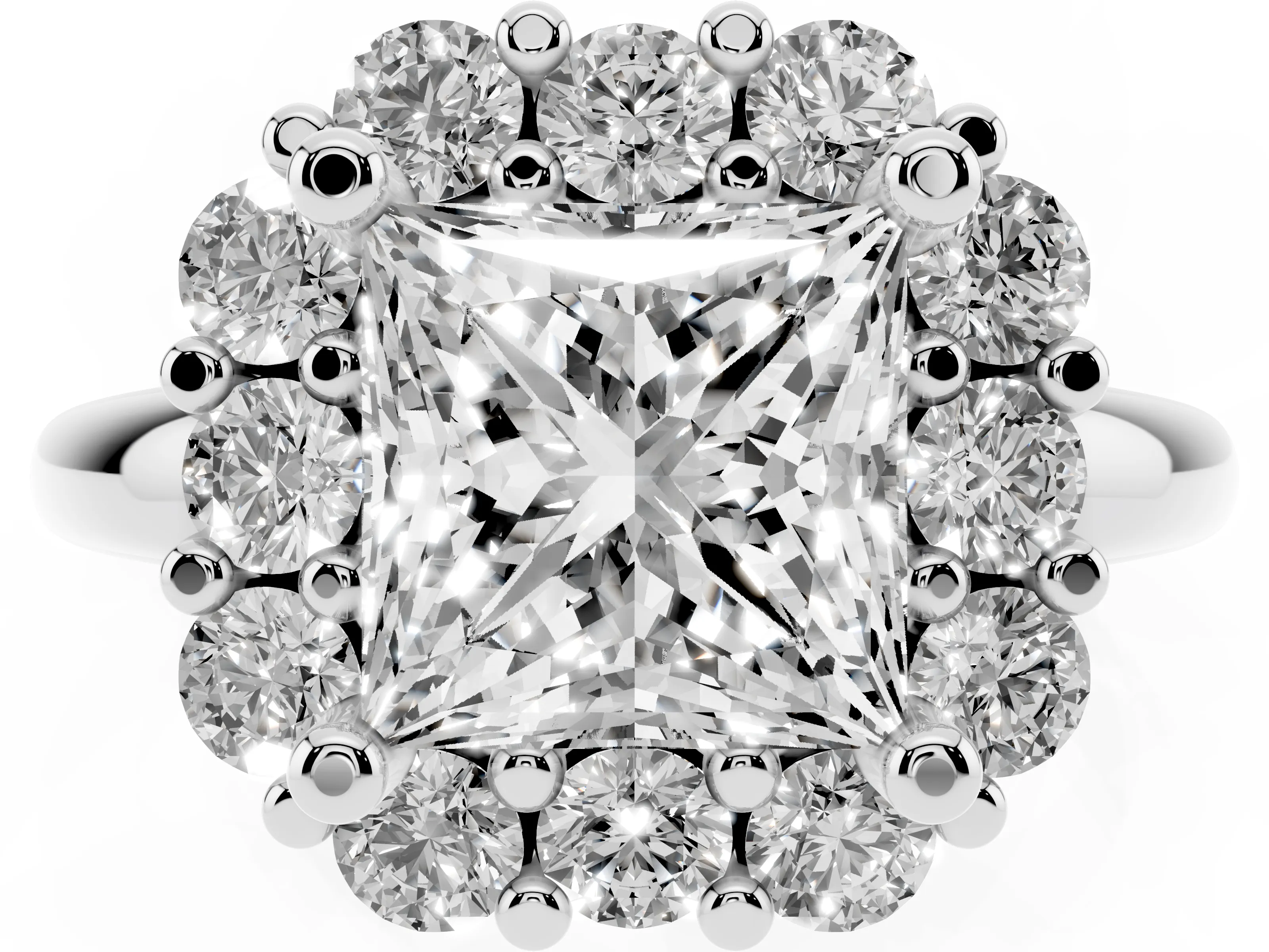 Princess Cut Diamond Halo Cluster Engagement Ring Set in Silver with Polished Band and Prong Setting