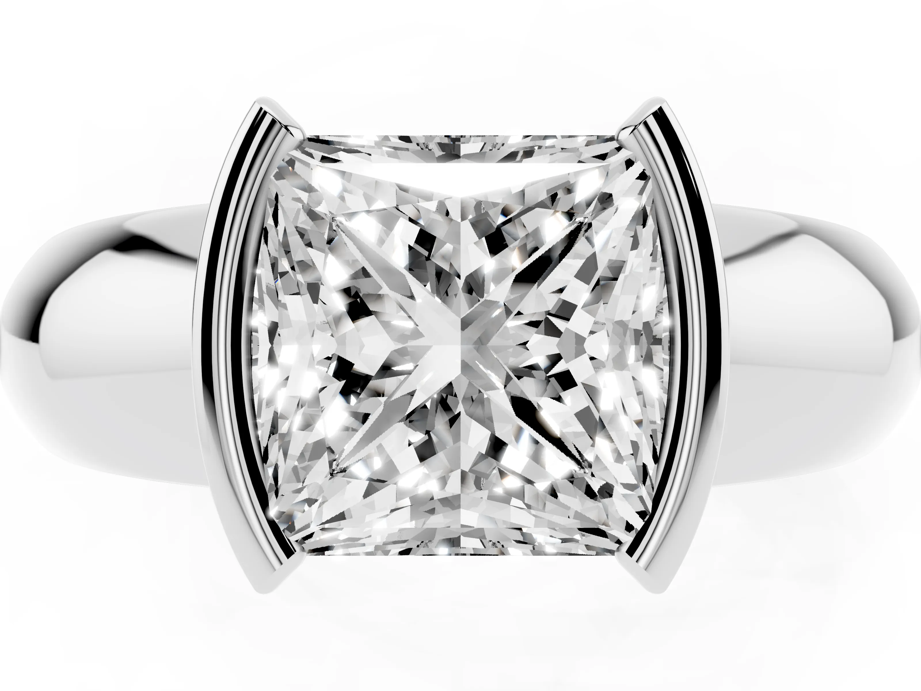 Princess Cut Diamond Solitaire Tension Set Ring Set in White gold with Wide Band
