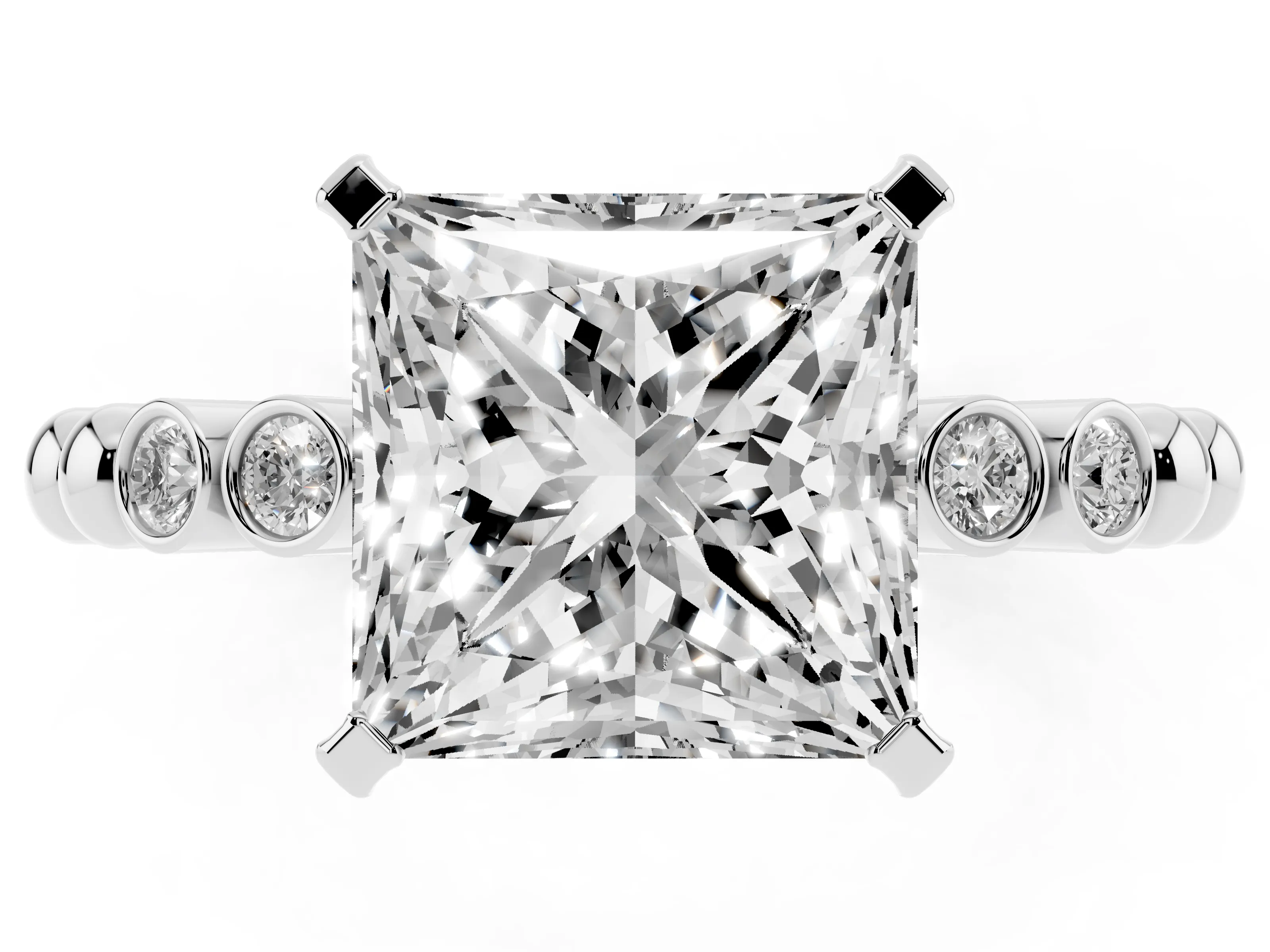Princess Cut Diamond Solitaire Engagement Ring Set in Platinum with Bezel Accents on Beaded Band
