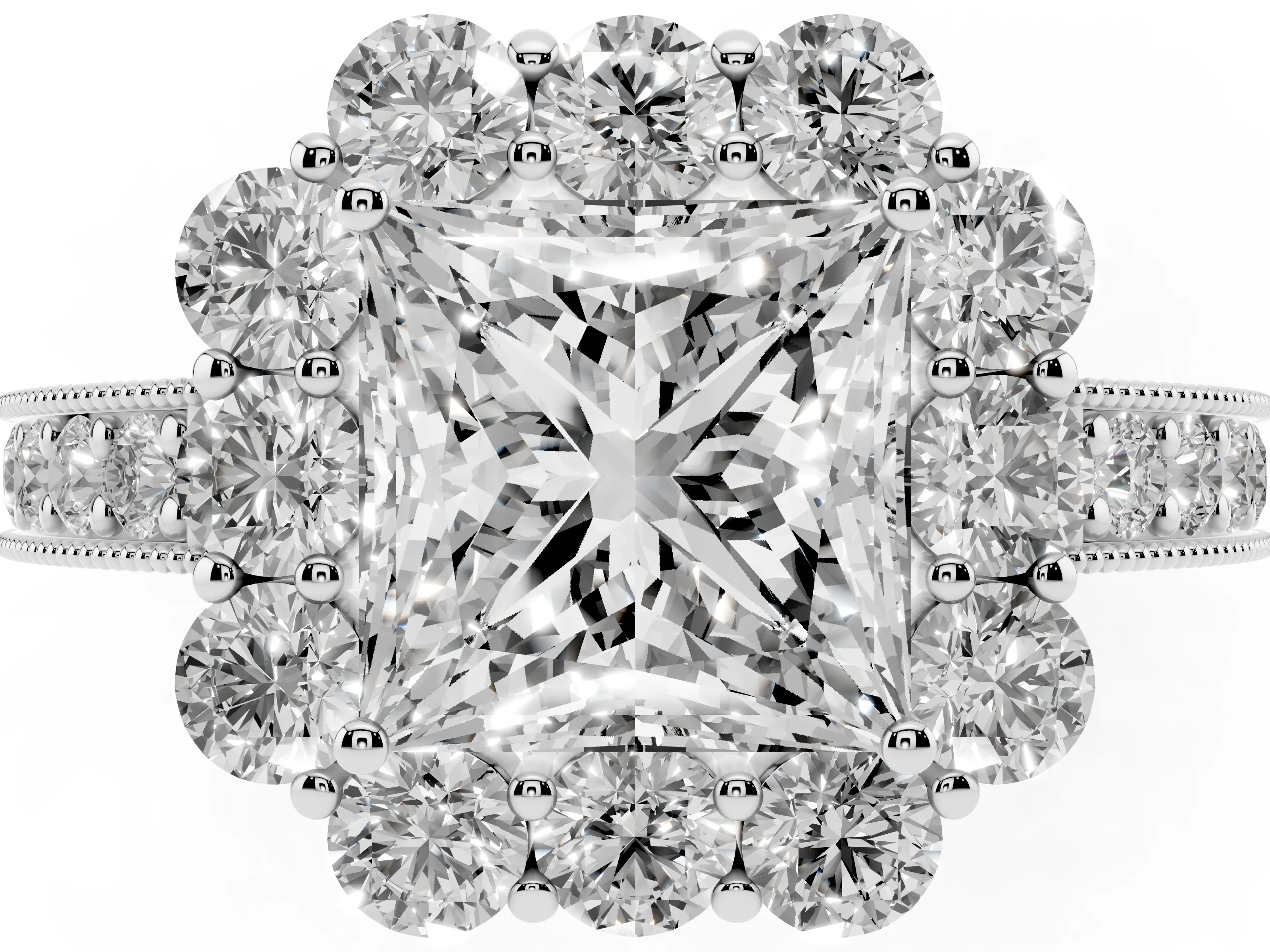 Princess Cut Diamond Halo Pavé Engagement Ring Set in White gold with Milgrain Detailing