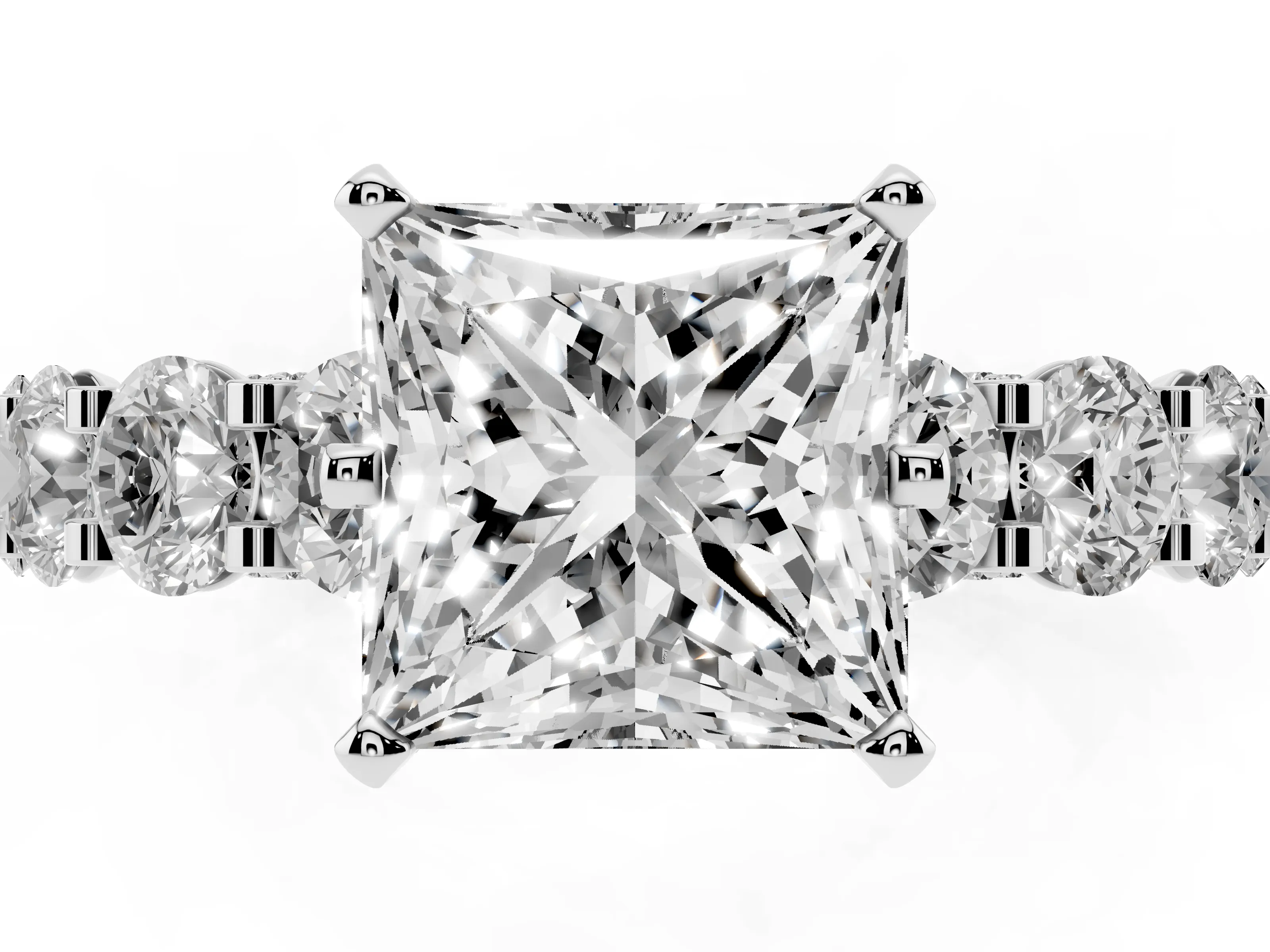 Princess Cut Diamond Side Stone Ring Set in Silver with Alternating Round and Oval Side Stones