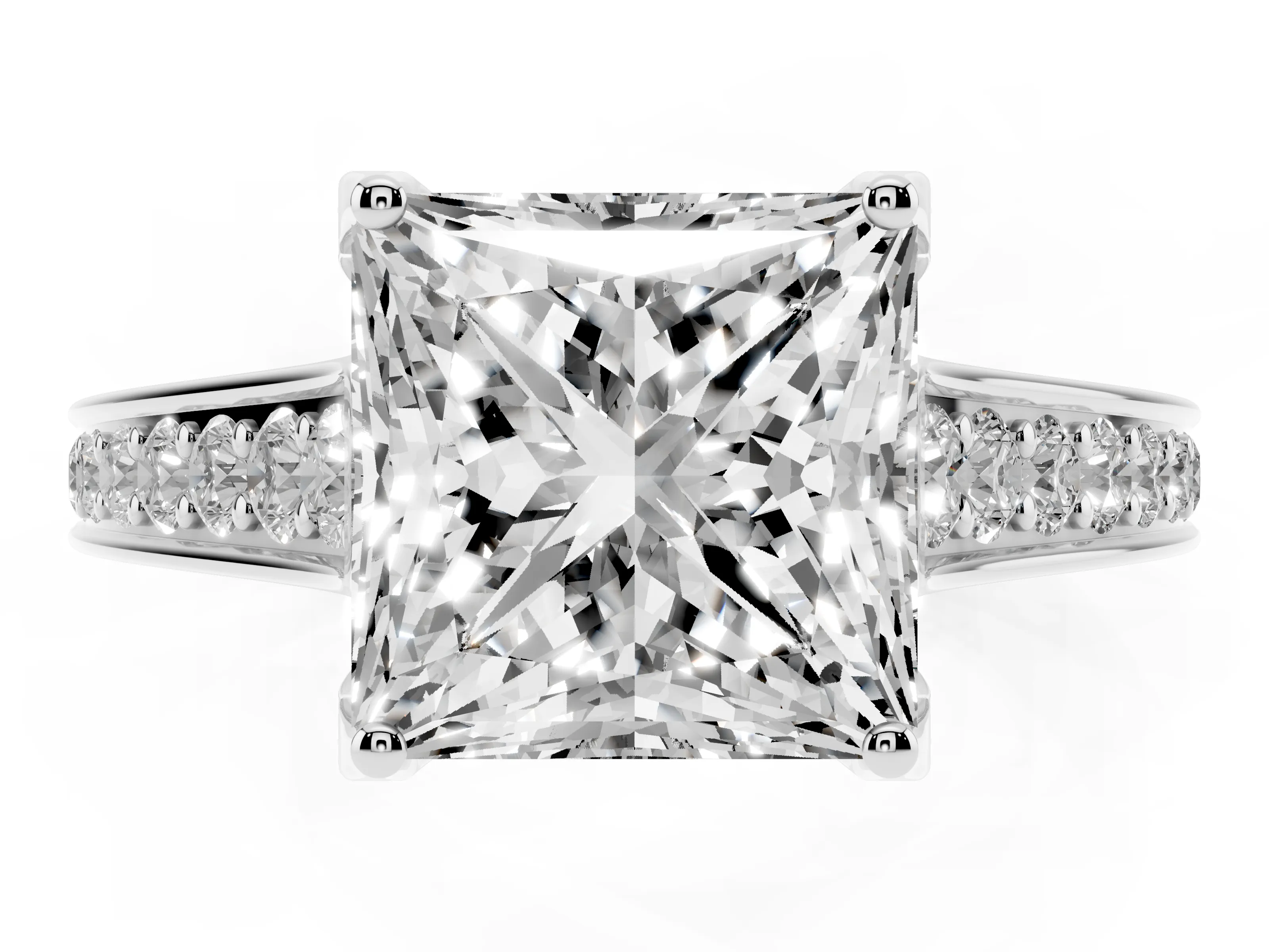 Princess Cut Diamond Solitaire Pavé Engagement Ring Set in Platinum with Prong Setting