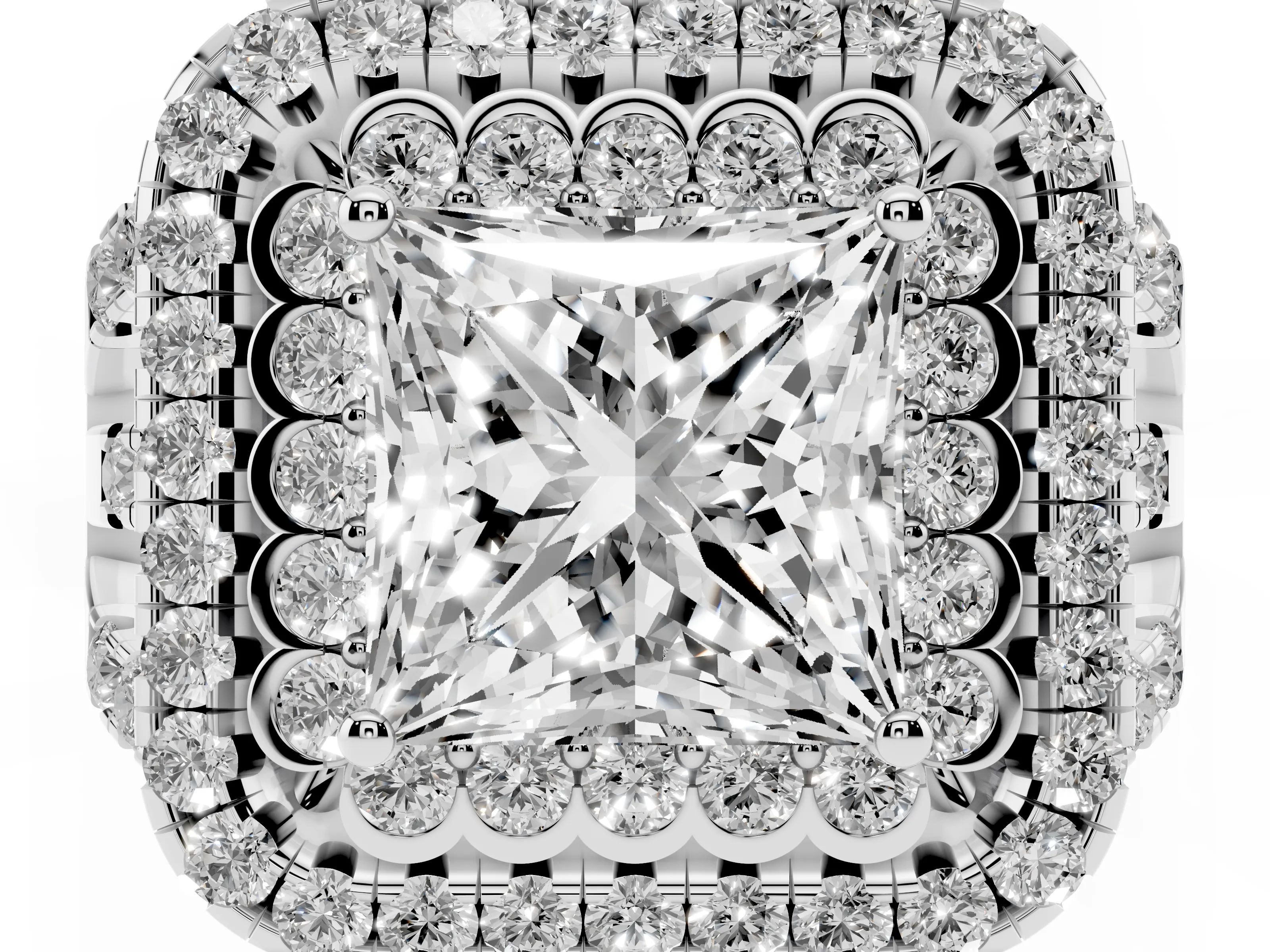 Princess Cut Diamond Double Halo Ring Set in White gold with Round Pavé Split Shank
