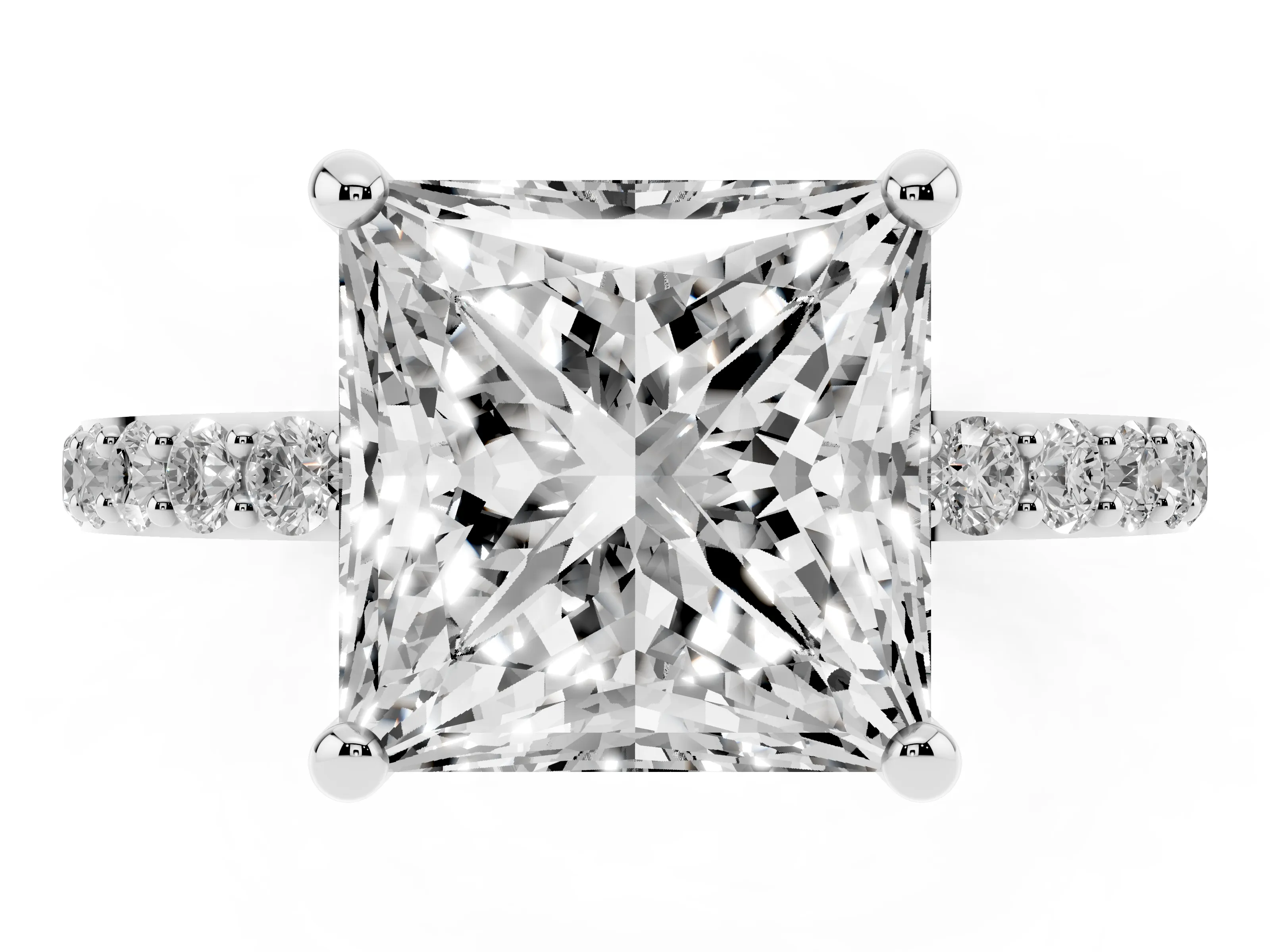 Princess Cut Diamond Solitaire Ring Set in White gold with Round Pavé Band and Prong Setting