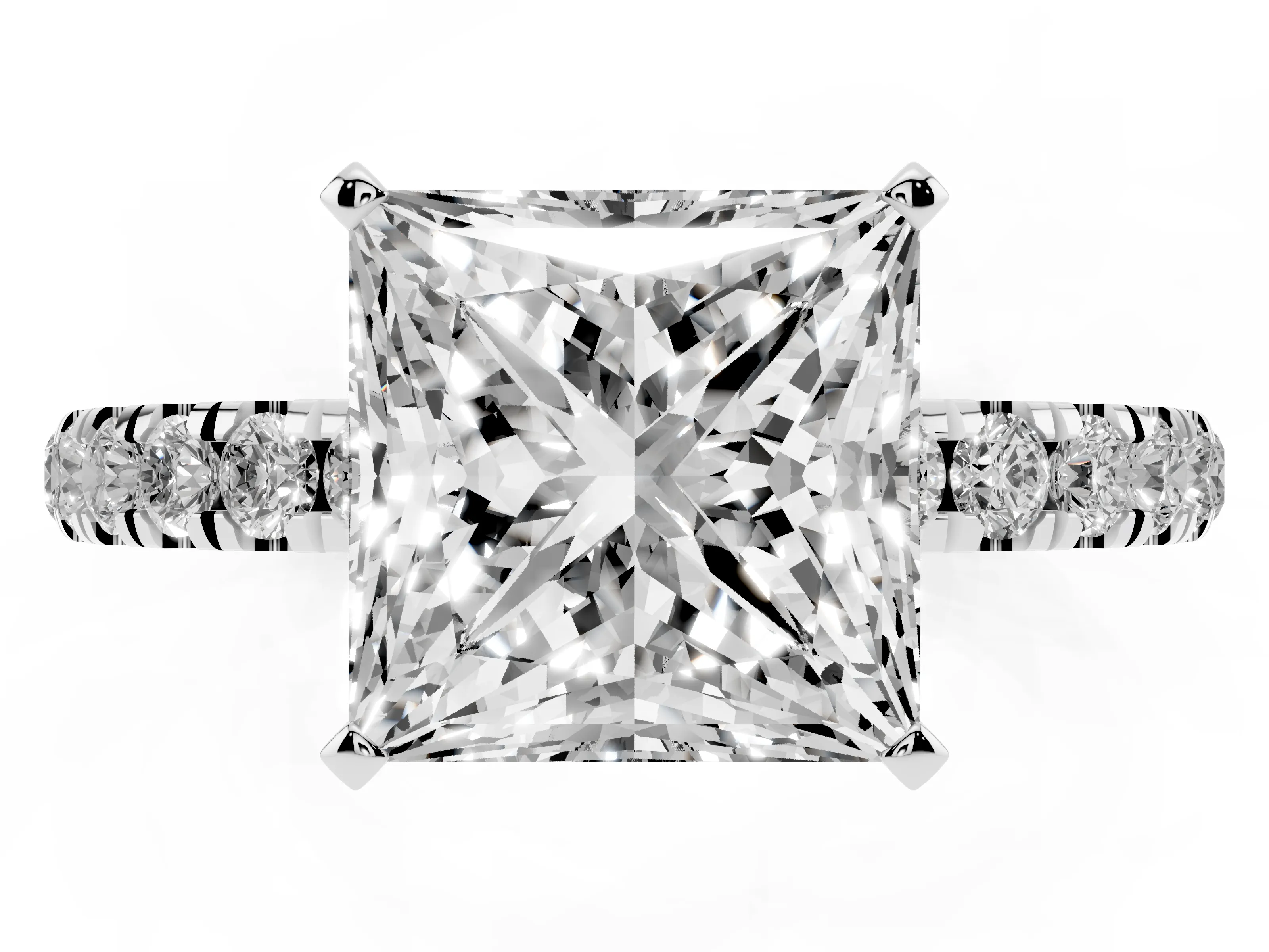 Princess Cut Diamond Solitaire Ring Set in Silver with Pavé Accents and Prong Setting