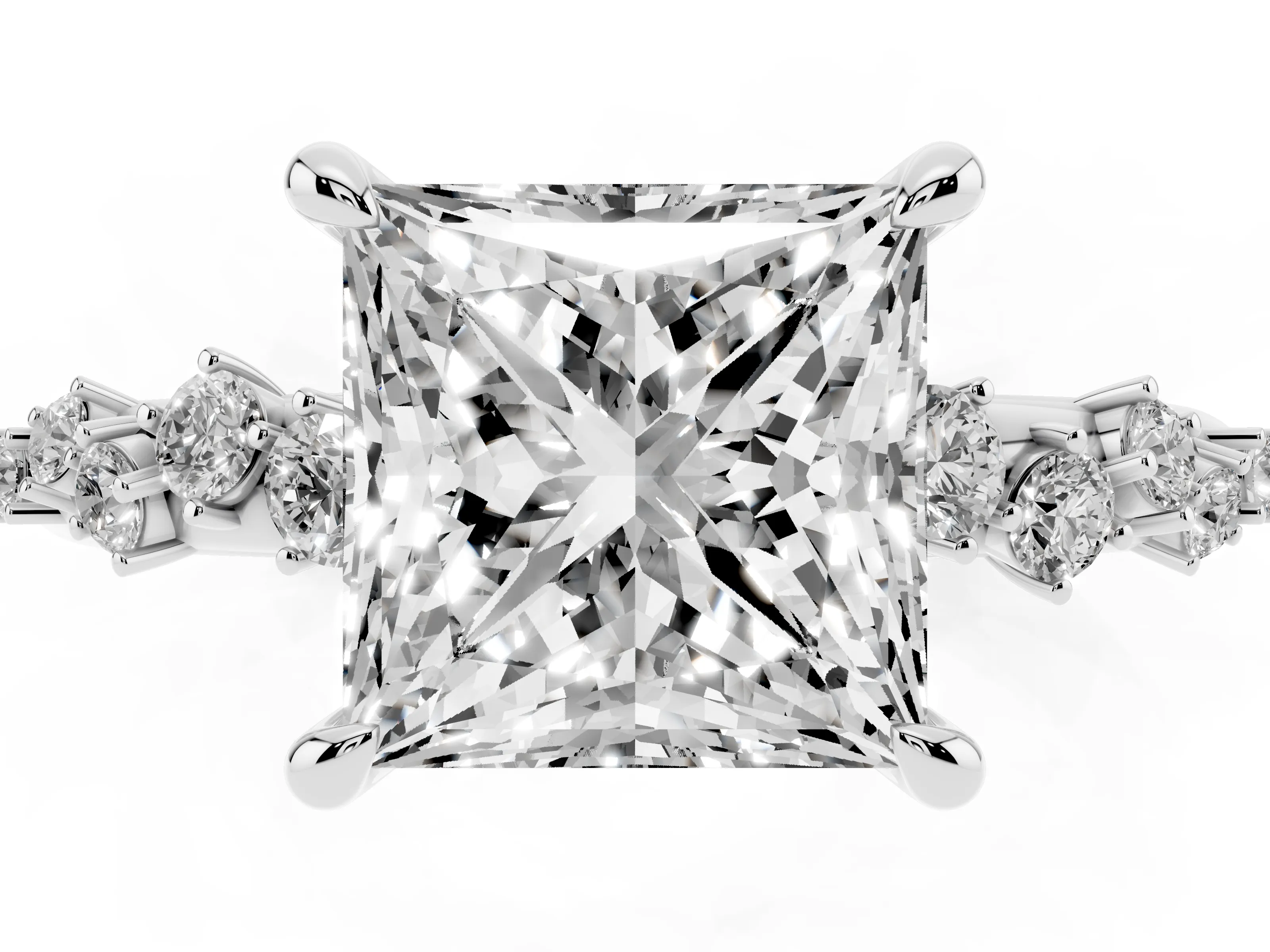 Princess Cut Diamond Solitaire Vine Band Ring Set in Silver with Round Accents and Prong Setting
