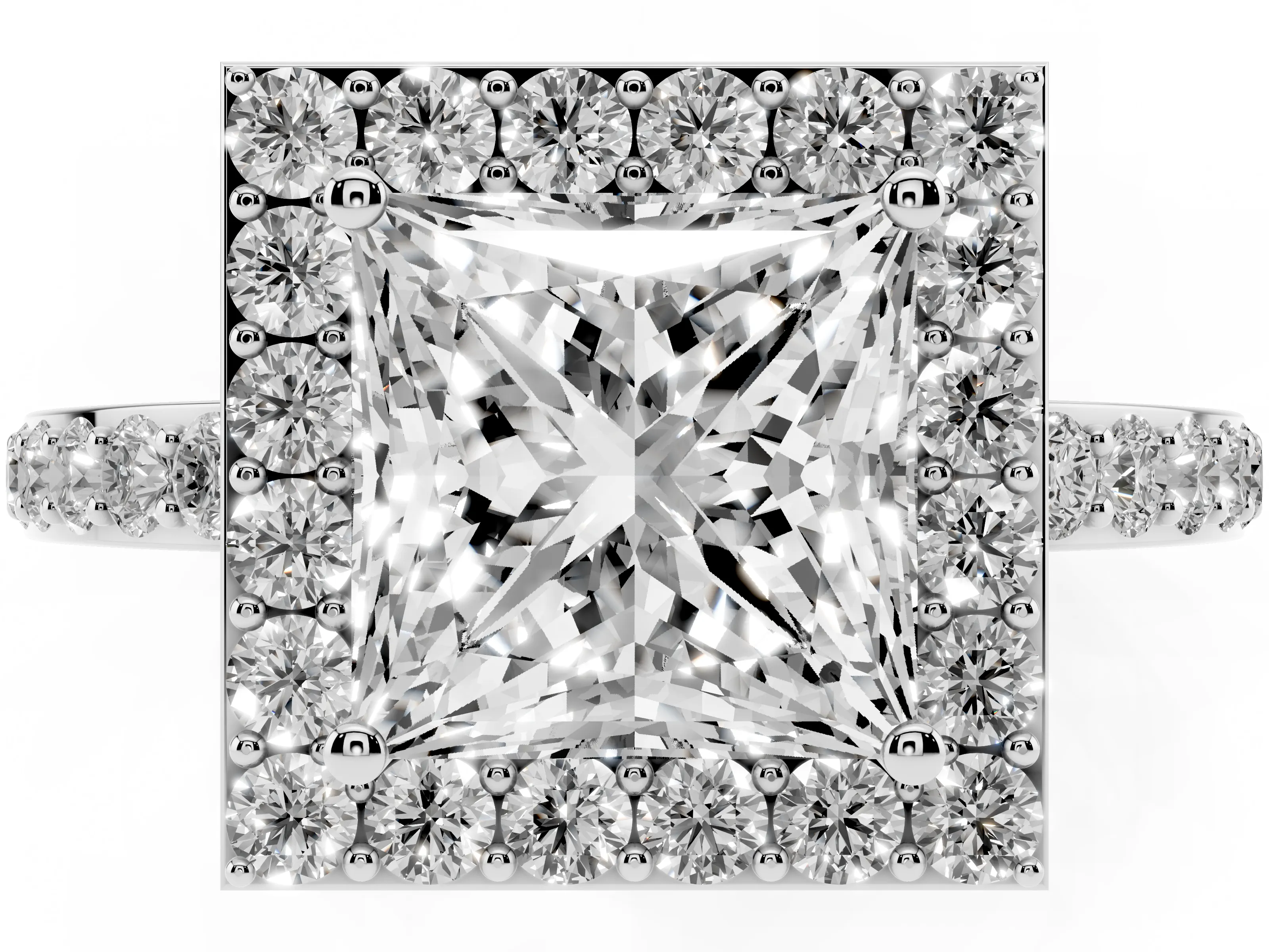 Princess Cut Diamond Halo Ring Set in White gold with Pavé-Setting Band and Open Prong Center