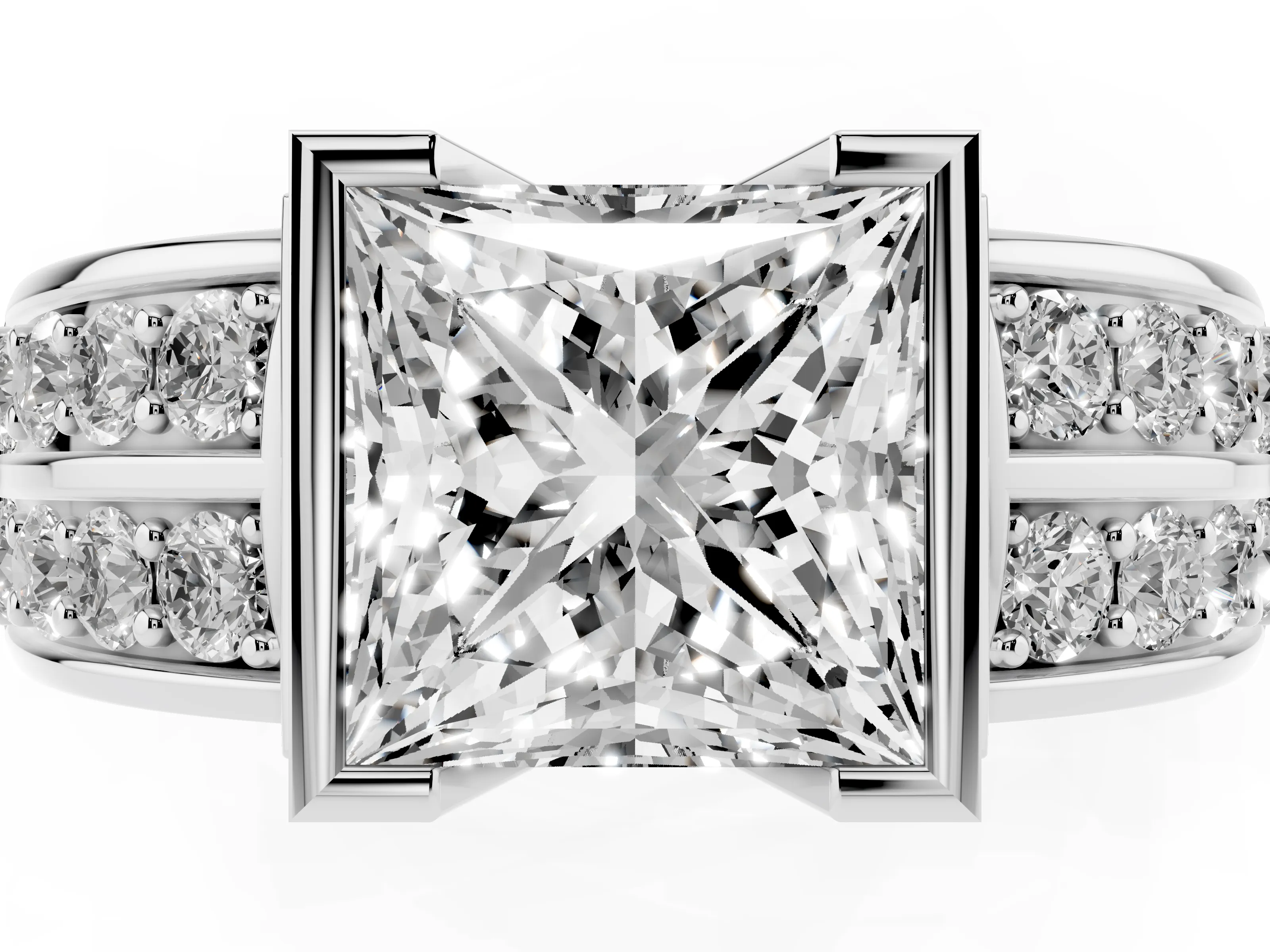 Princess Cut Diamond Wide Channel Set Band Ring Set in White gold with Bezel Setting