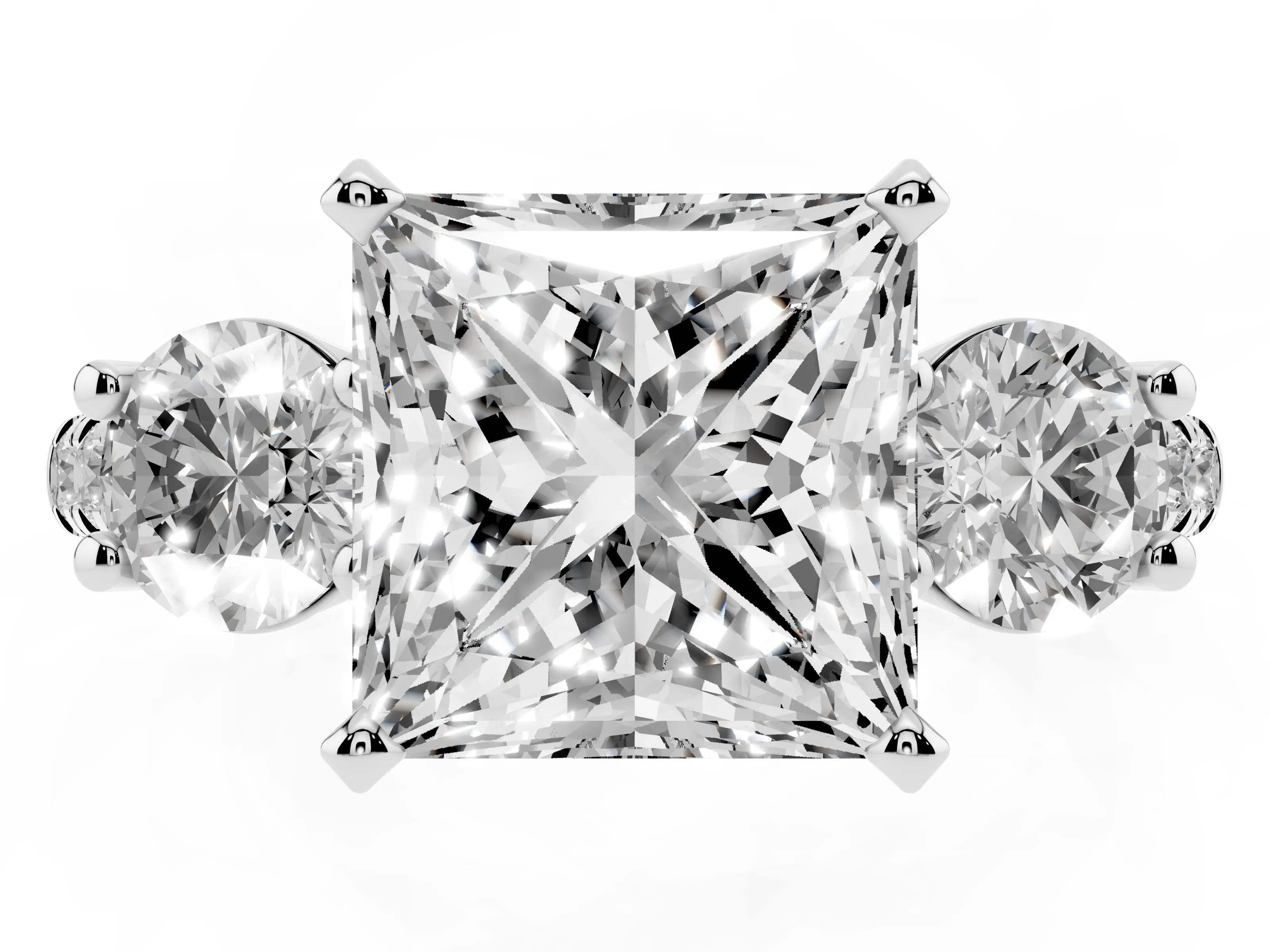 Three-Stone Princess Cut Diamond Pavé Band Ring Set in White gold with Prong-Set Trio