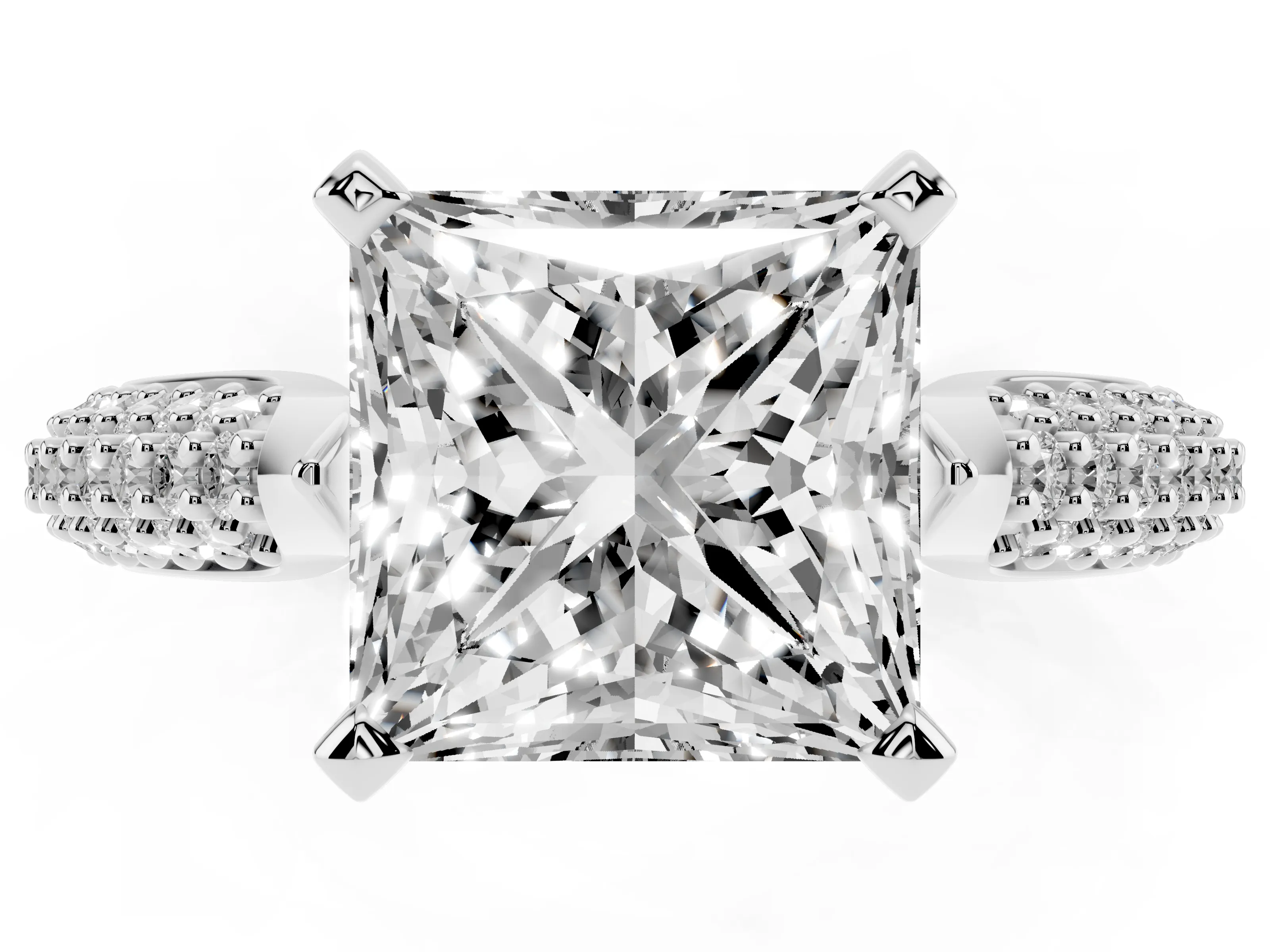 Princess Cut Diamond Solitaire Engagement Ring Set in White gold with Multi-Row Round Pavé Band and Prong Setting