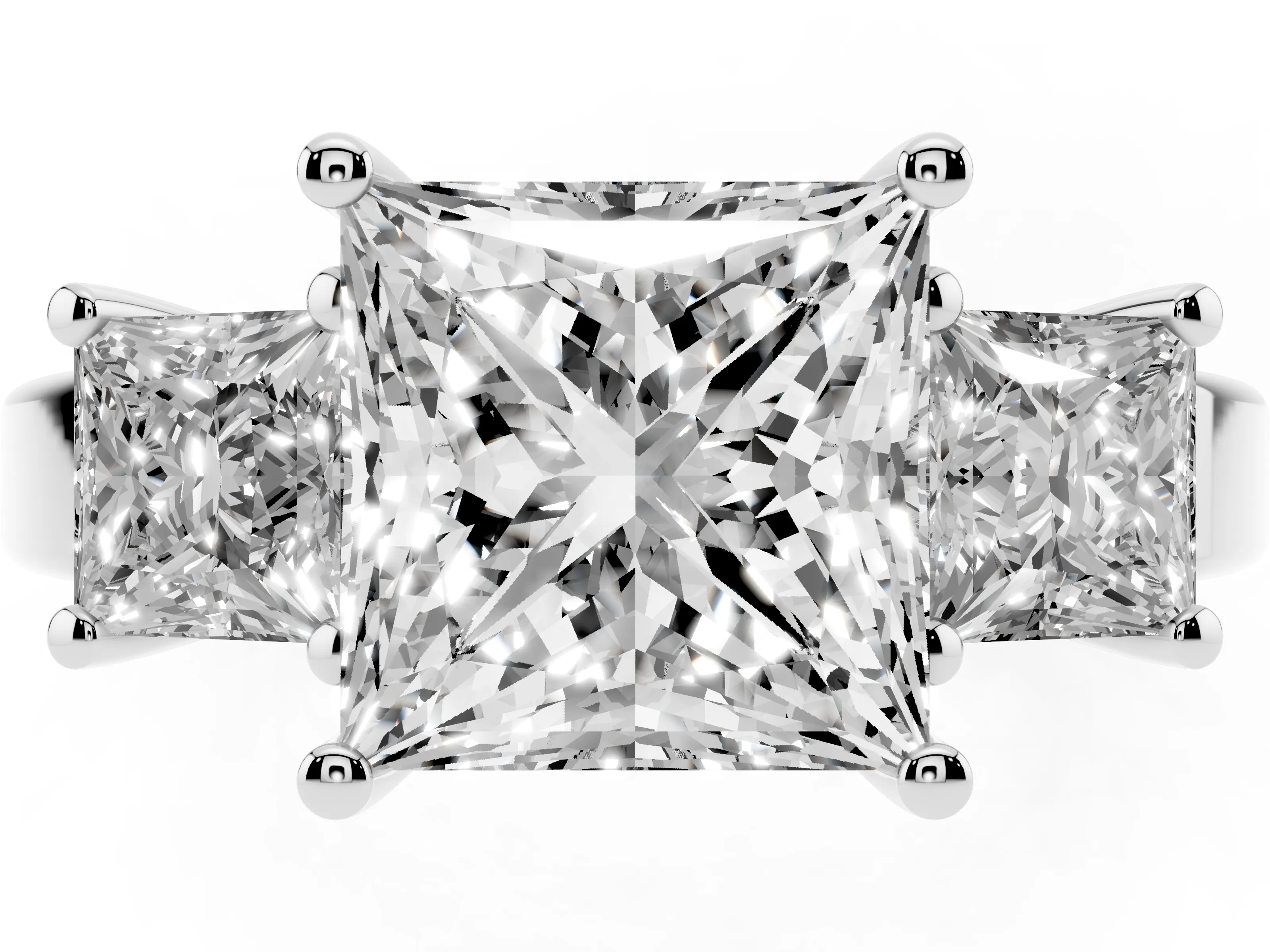 Three-Stone Princess Cut Diamond Solitaire Ring Set in Platinum with Prong Setting