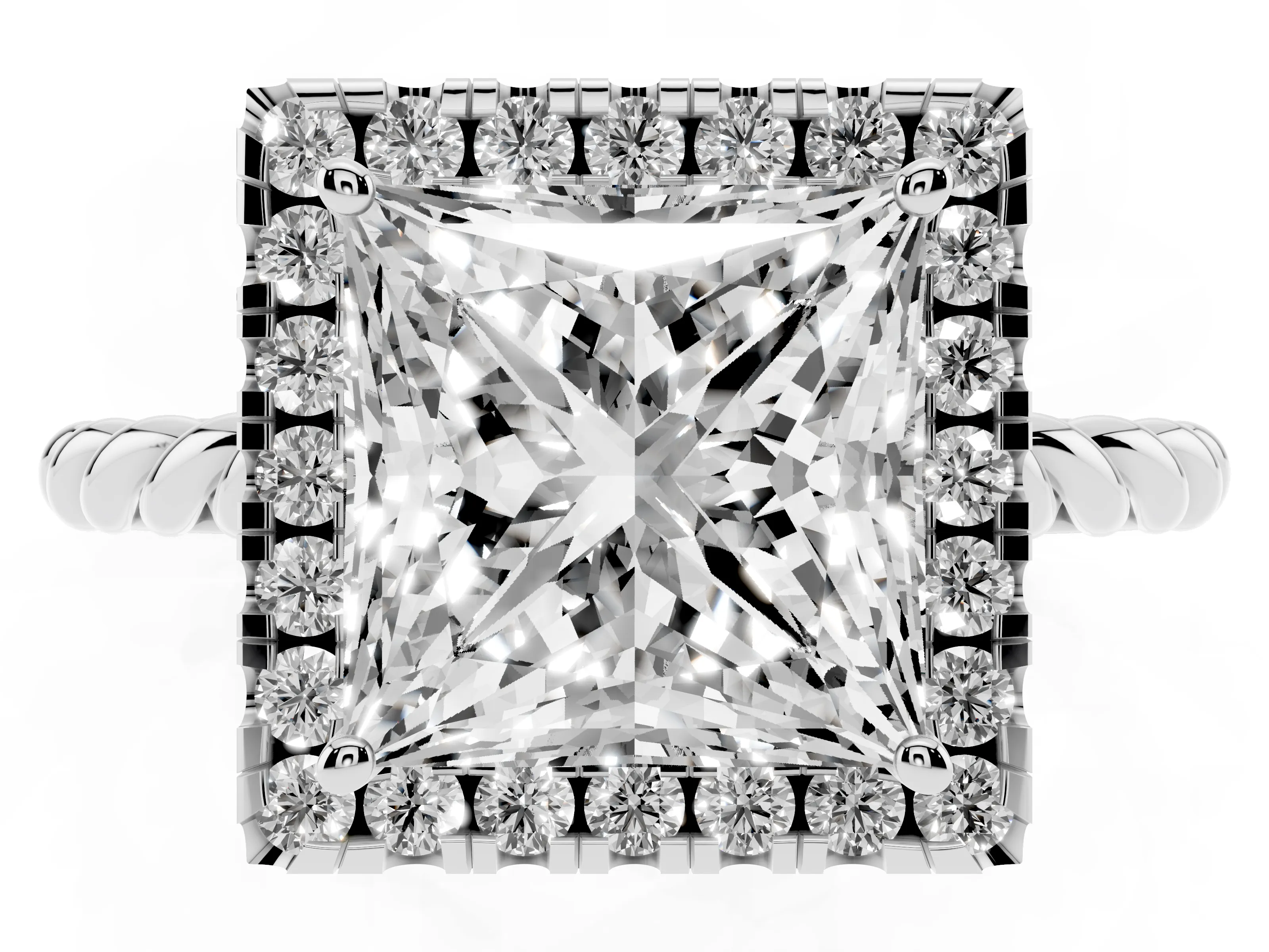 Princess Cut Diamond Halo Ring Set in Silver with Plain Twisted Band