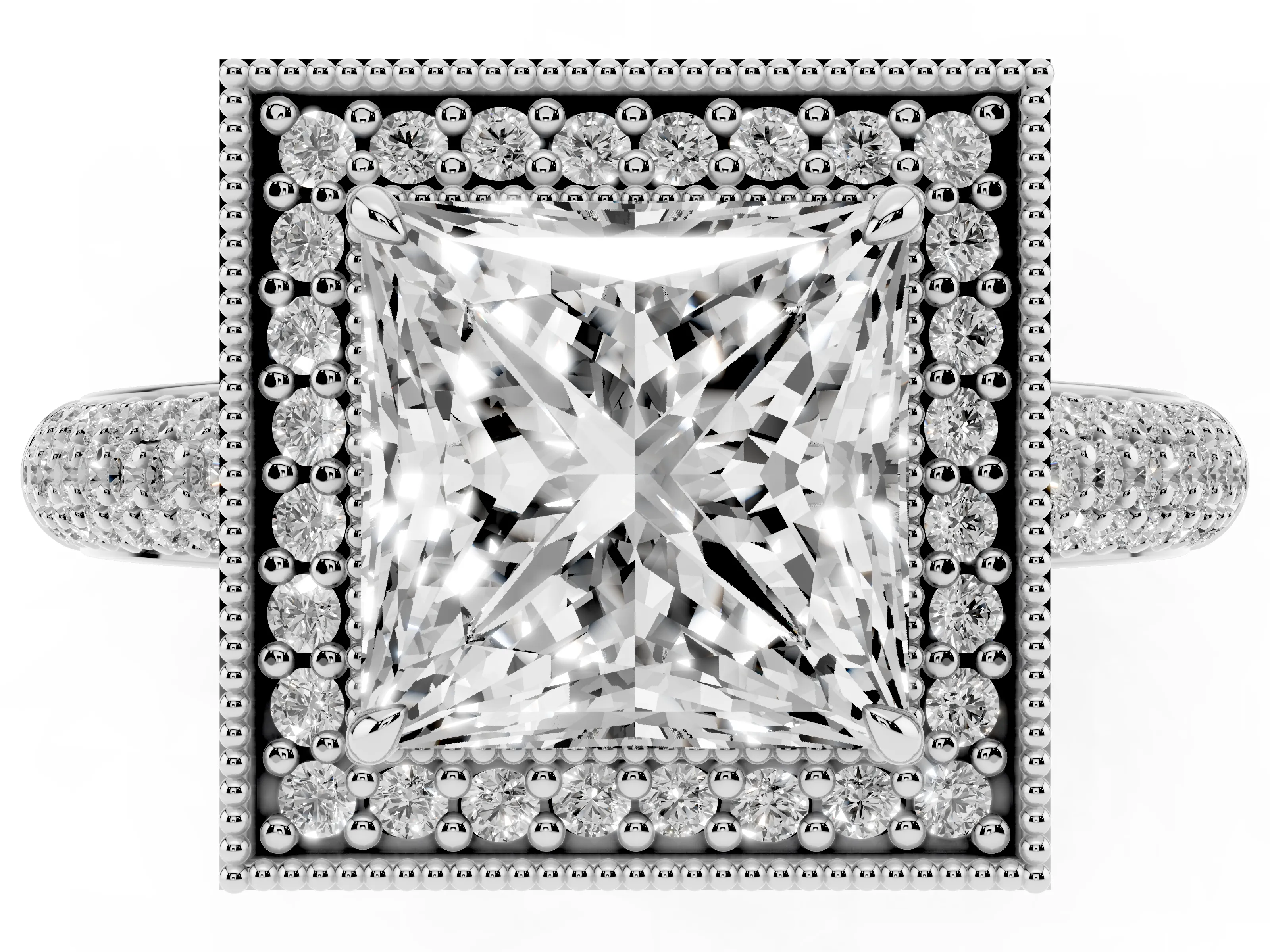Princess Cut Diamond Halo Pavé Band Set in Platinum with Prong Setting