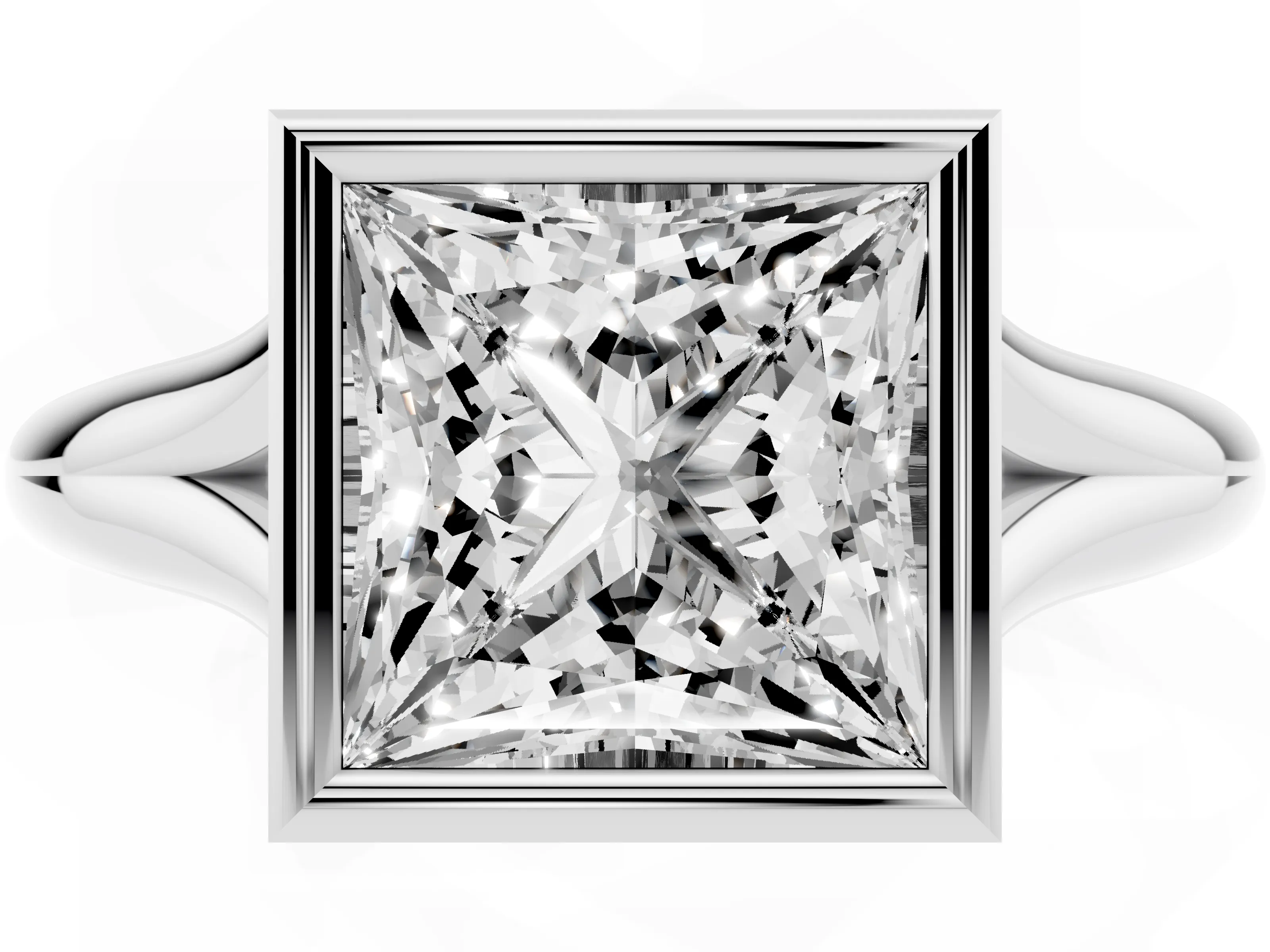 Bezel Set Princess Cut Diamond Solitaire Ring Set in Platinum with Smooth Band