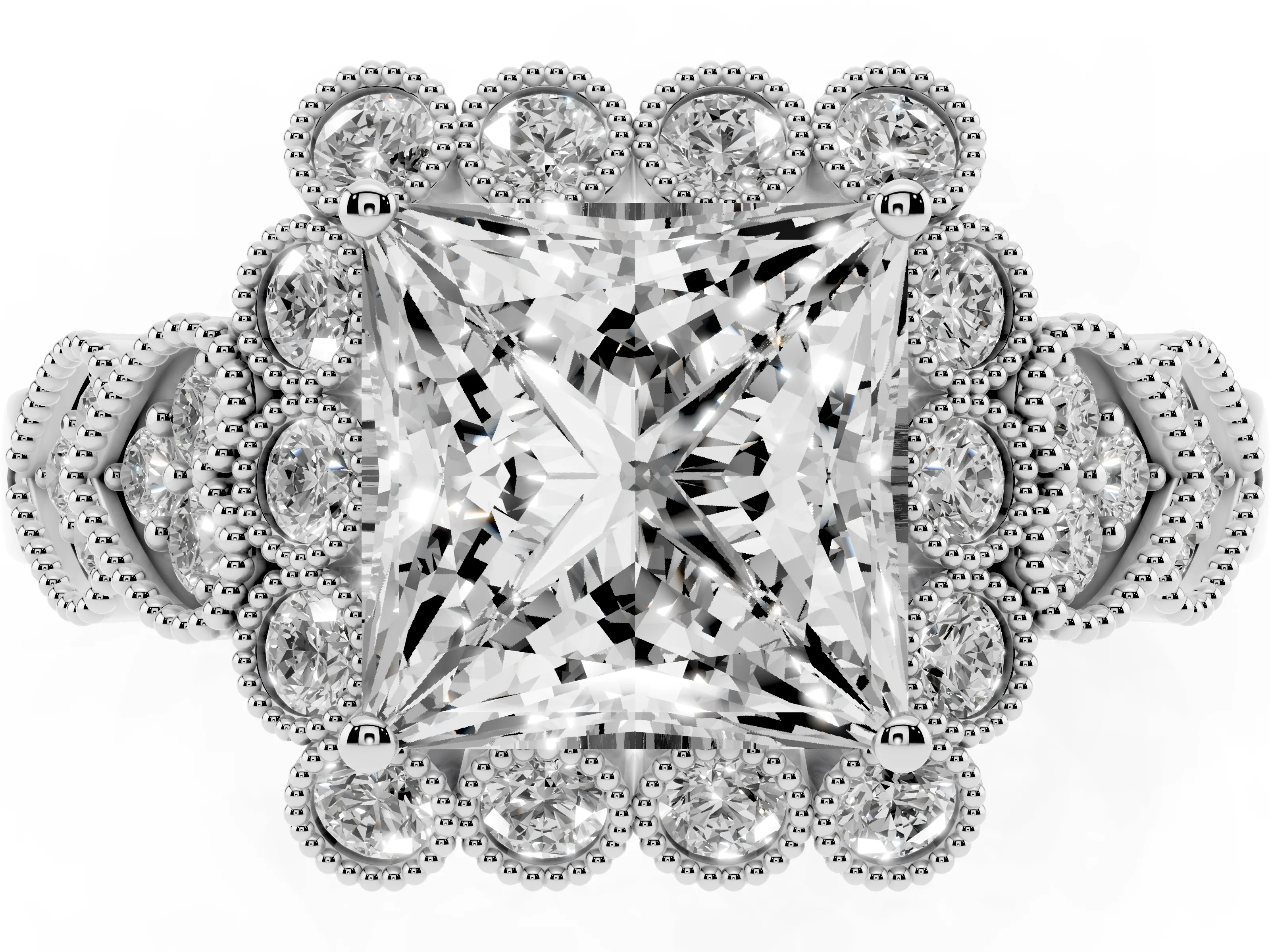 Princess Cut Diamond Solitaire Ring Set in White gold with Milgrain Pavé Heart Band