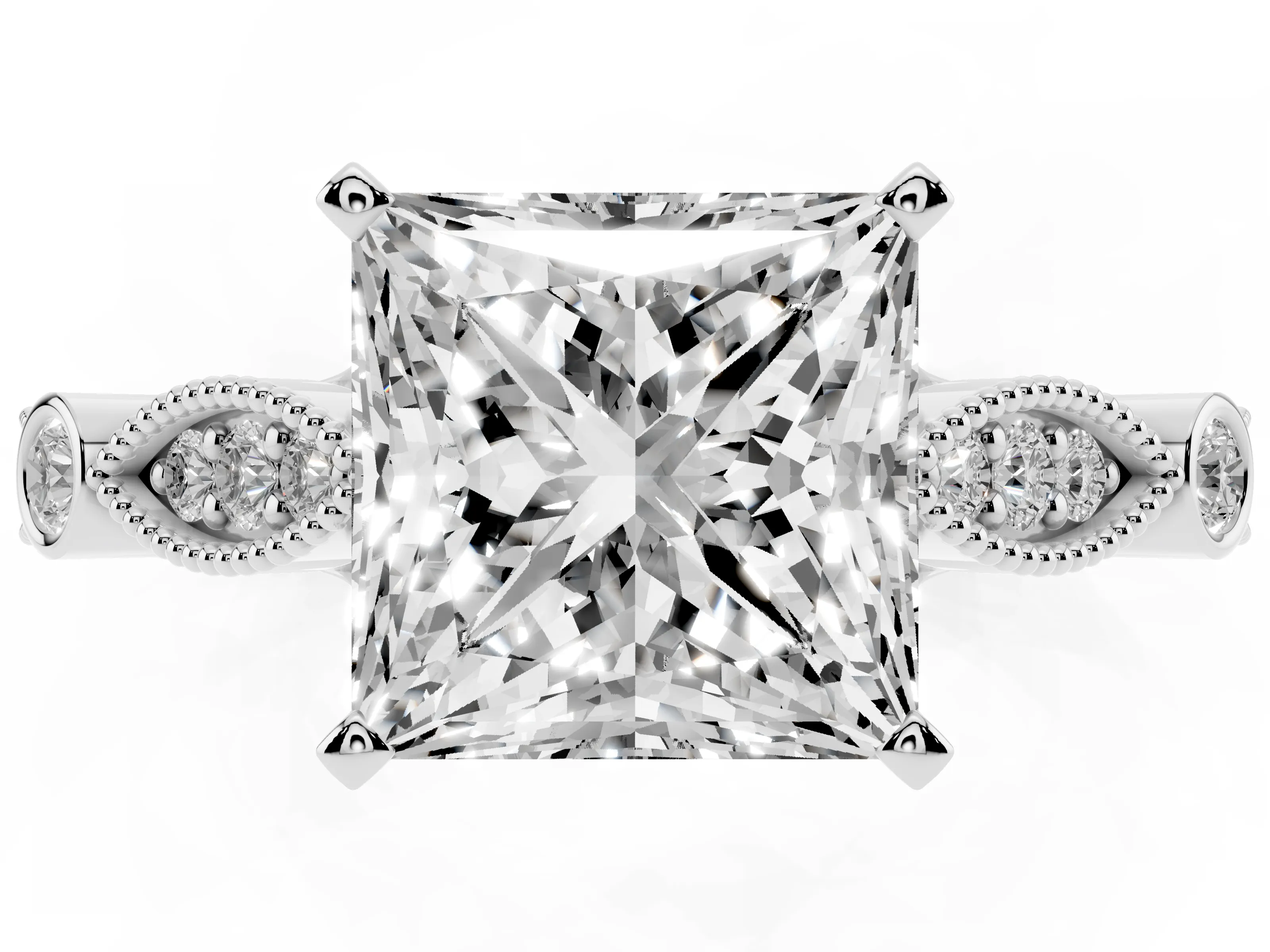 Princess Cut Diamond Solitaire Ring Set in Platinum with Milgrain Marquise and Bezel Accents