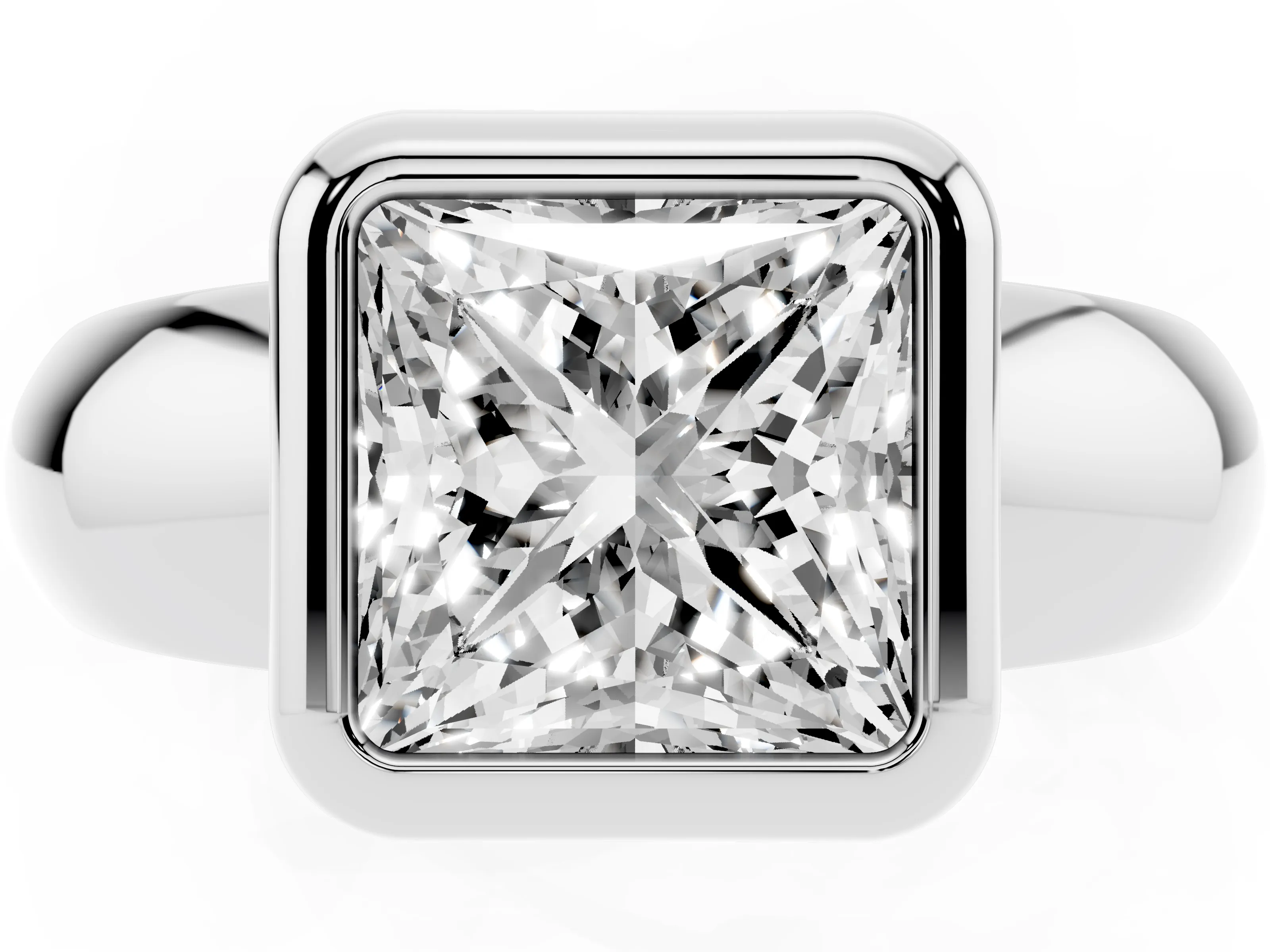 Bezel Set Princess Cut Diamond Solitaire Ring Set in White gold with Wide Band