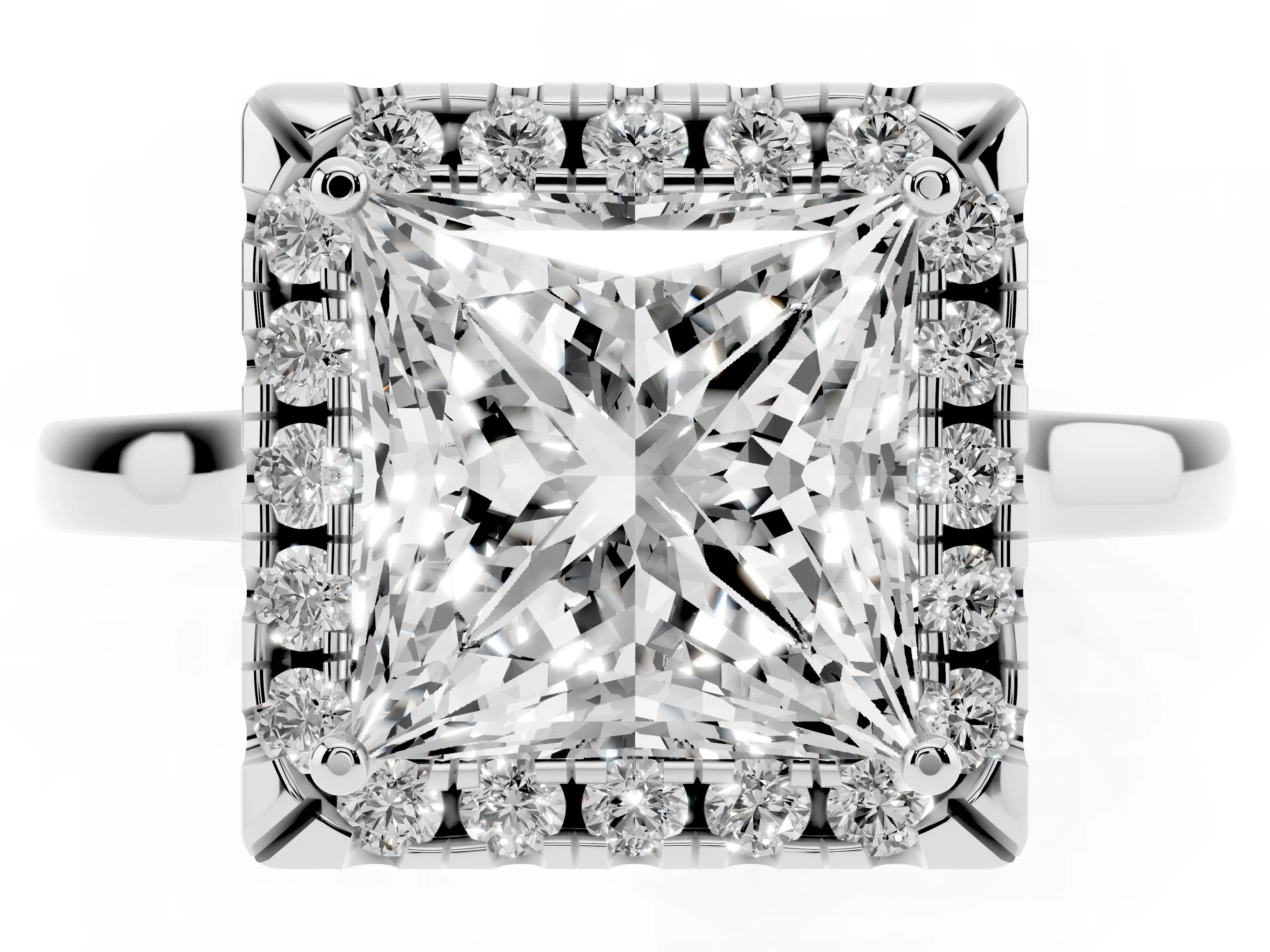 Princess Cut Halo Round Diamond Solitaire Ring Set in White gold with Pavé Band and Prong Setting
