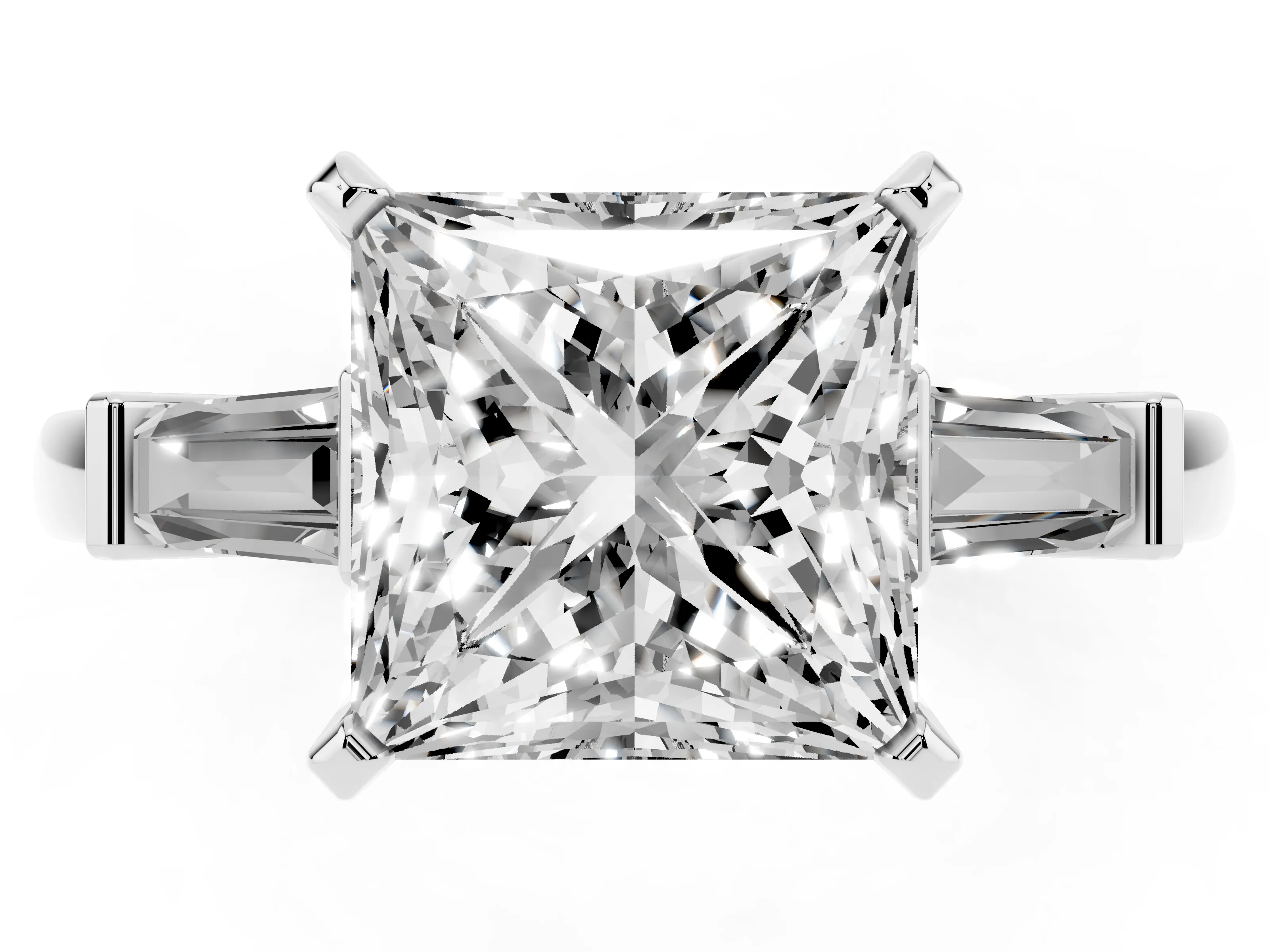 Princess Cut Diamond Solitaire Ring Set in Silver with Tapered Baguette Accents and Prong Setting