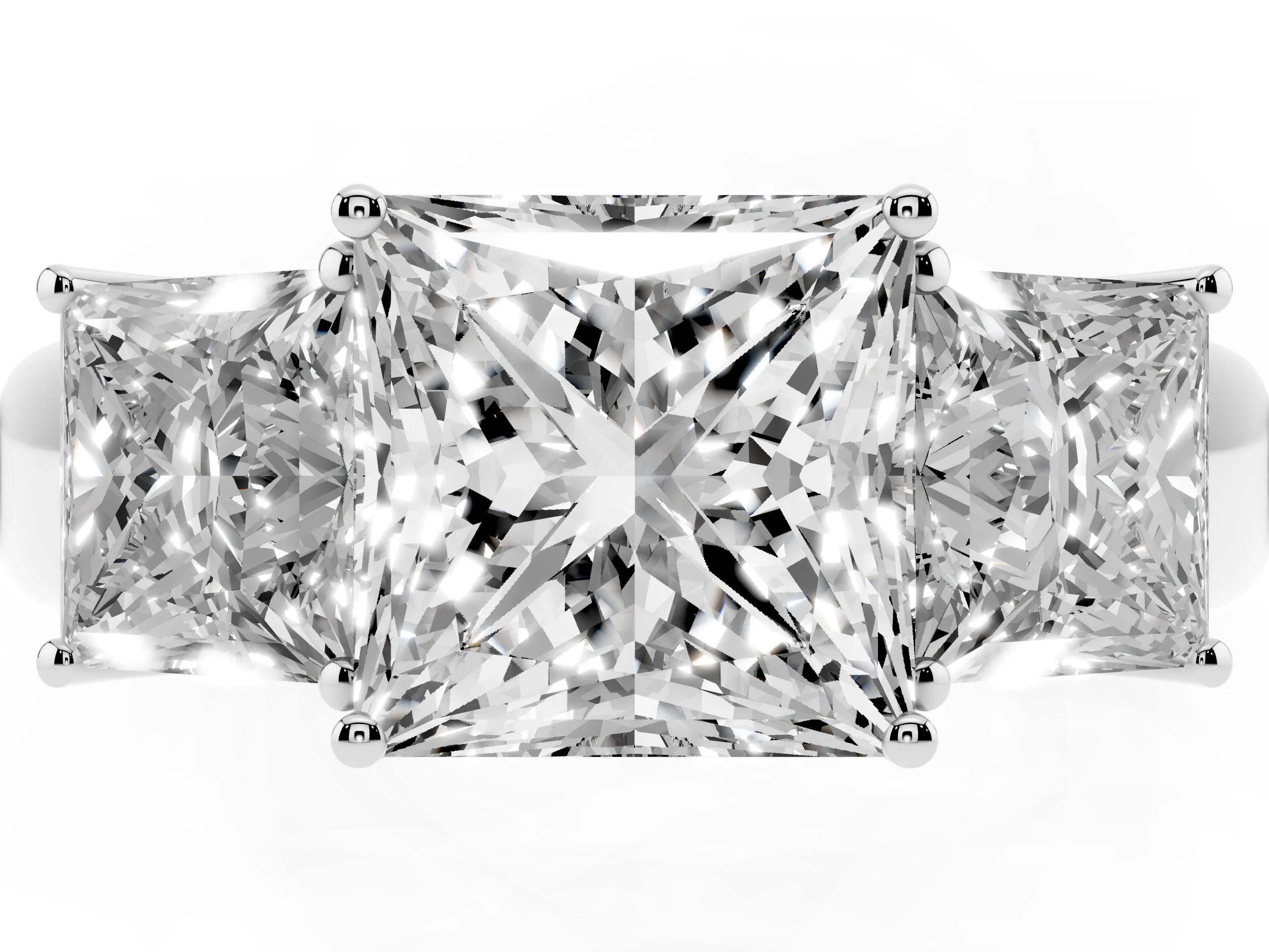 Three-Stone Princess Cut Diamond Ring Set in White gold with Matching Prong Settings and Plain Band