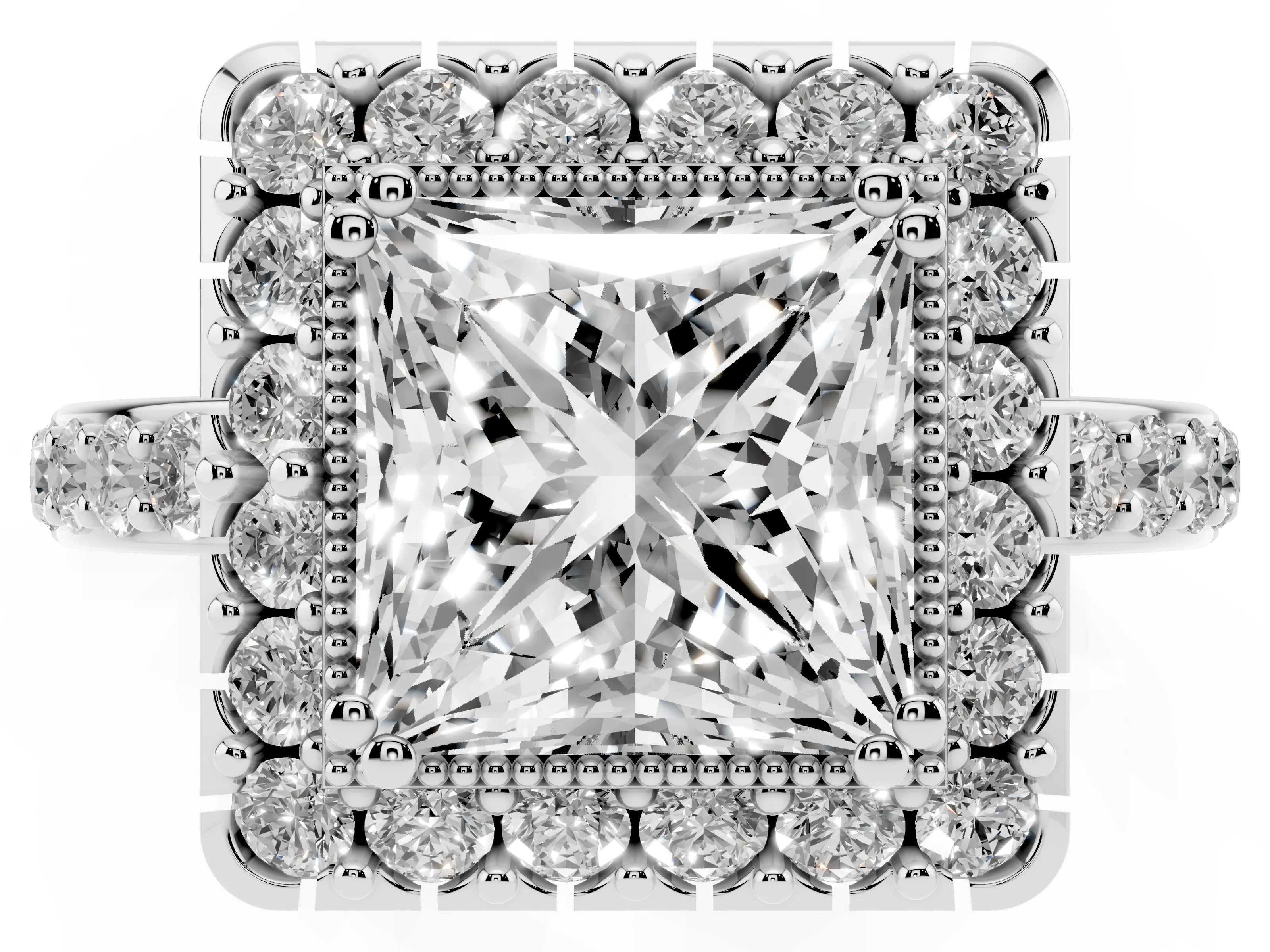 Princess Cut Diamond Halo Ring Set in Silver with Pavé Shank and Prong Setting