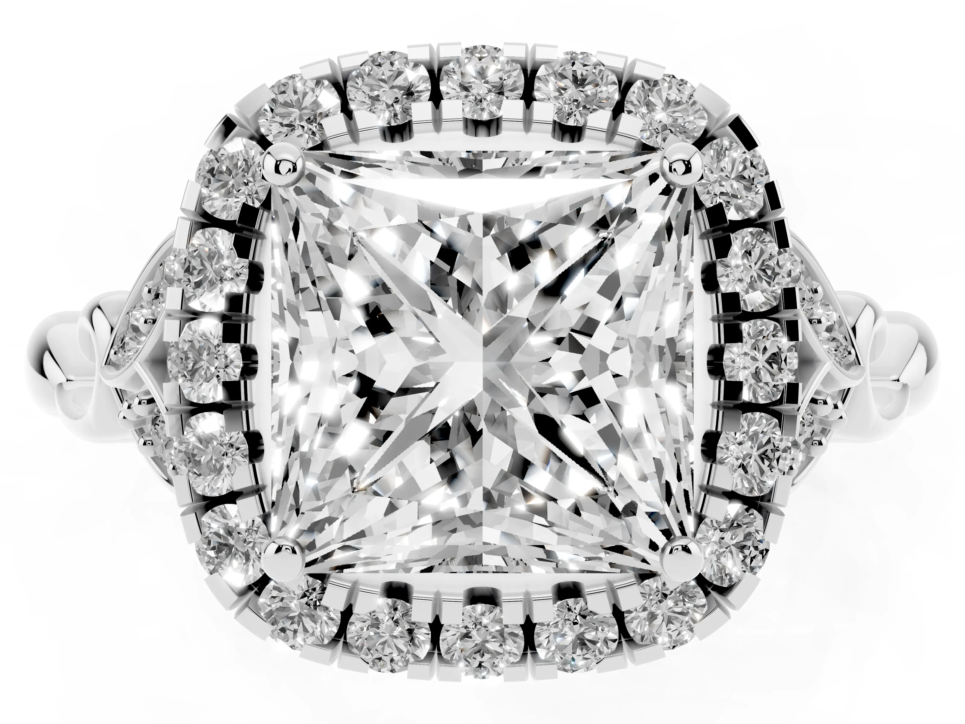 Princess Cut Diamond Halo Engagement Ring Set in Platinum with Vintage-Inspired Band and Prong Setting