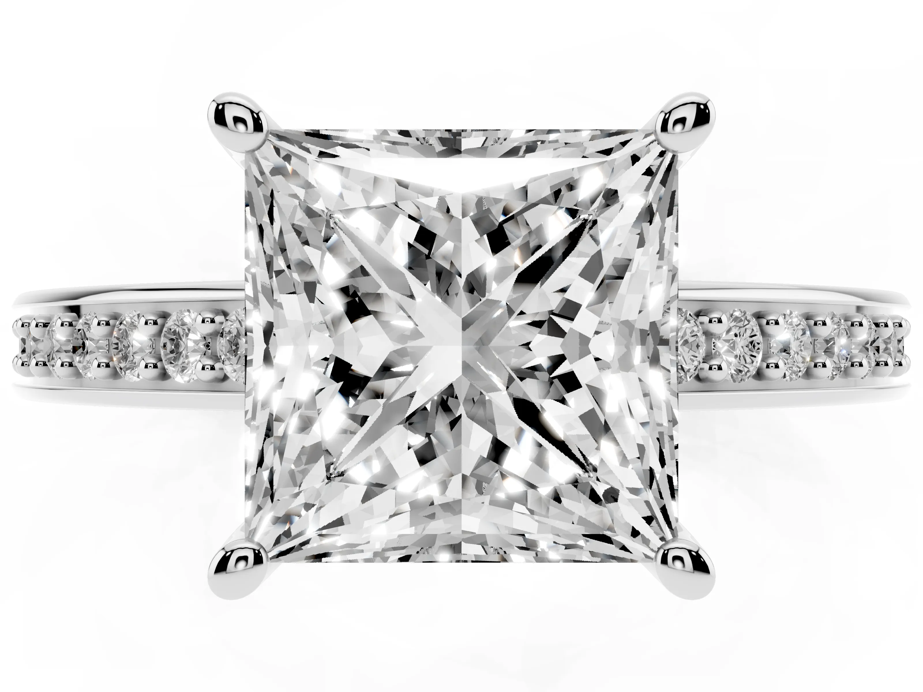 Princess Cut Diamond Pavé Band Prong Set Solitaire Ring Set in Silver
