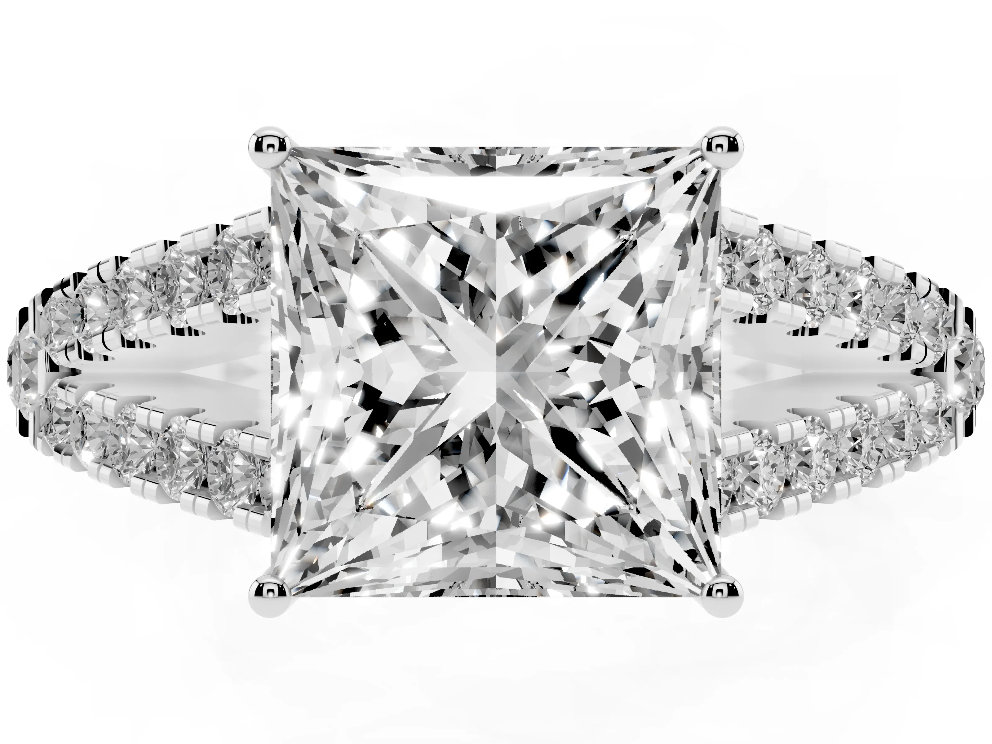 Princess Cut Diamond Split Shank Pavé Engagement Ring Set in Platinum with Prong-Held Center Stone