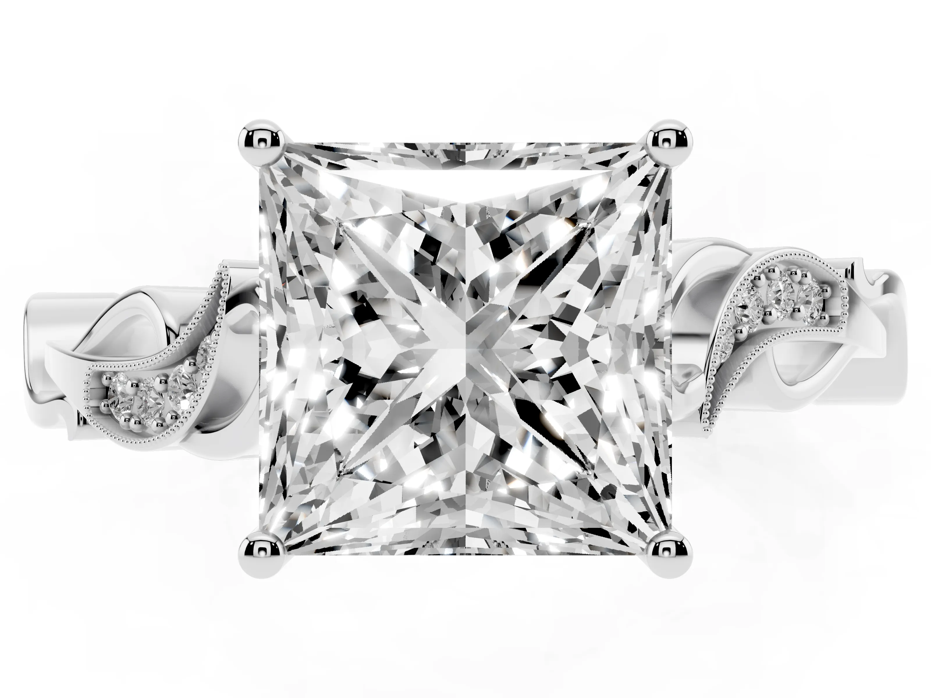 Princess Cut Diamond Vine Band Solitaire Ring Set in Silver with Milgrain Prong Setting