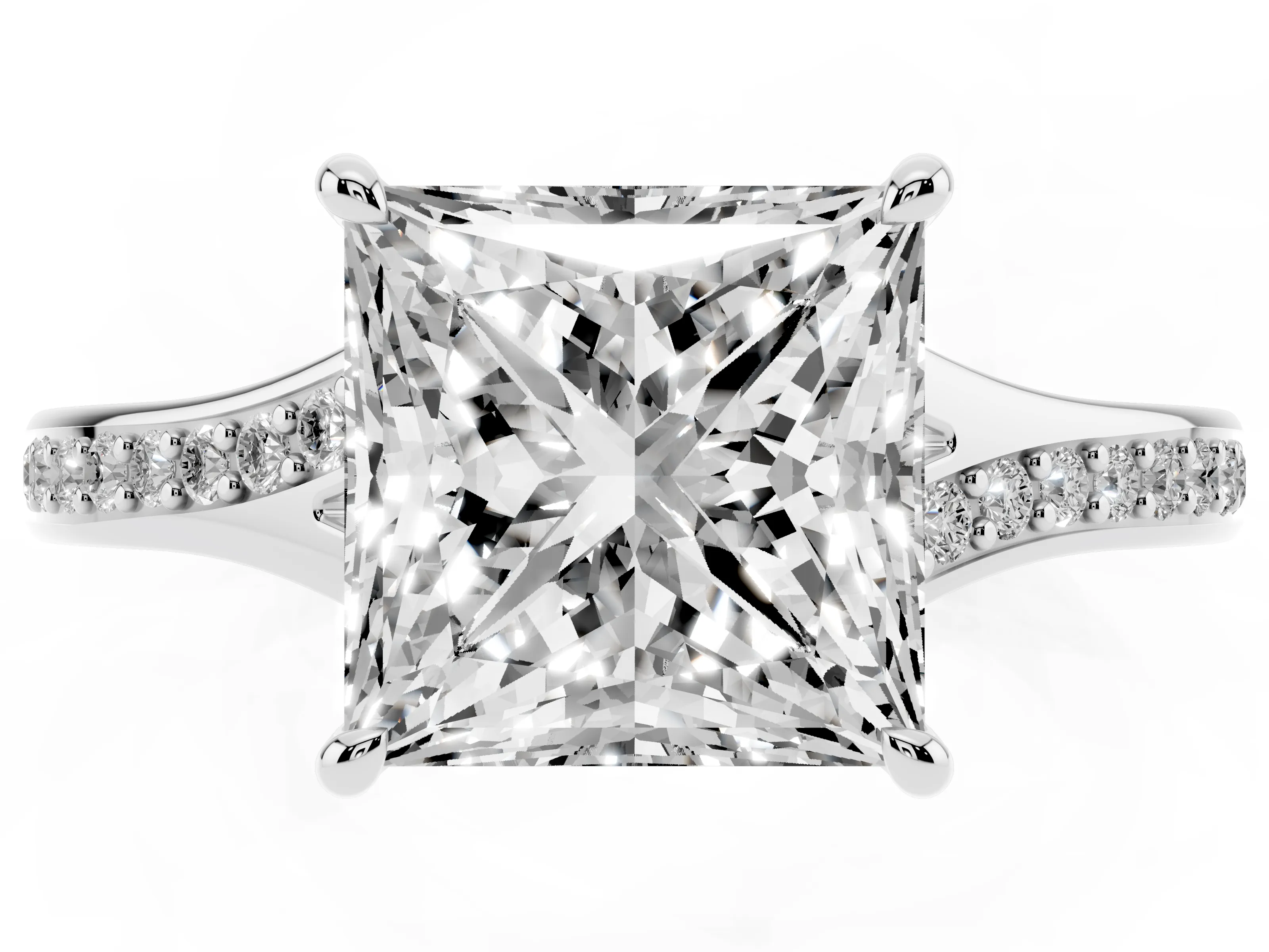 Princess Cut Diamond Solitaire Ring Set in Silver with Pavé Accent Band and Classic Prong Setting