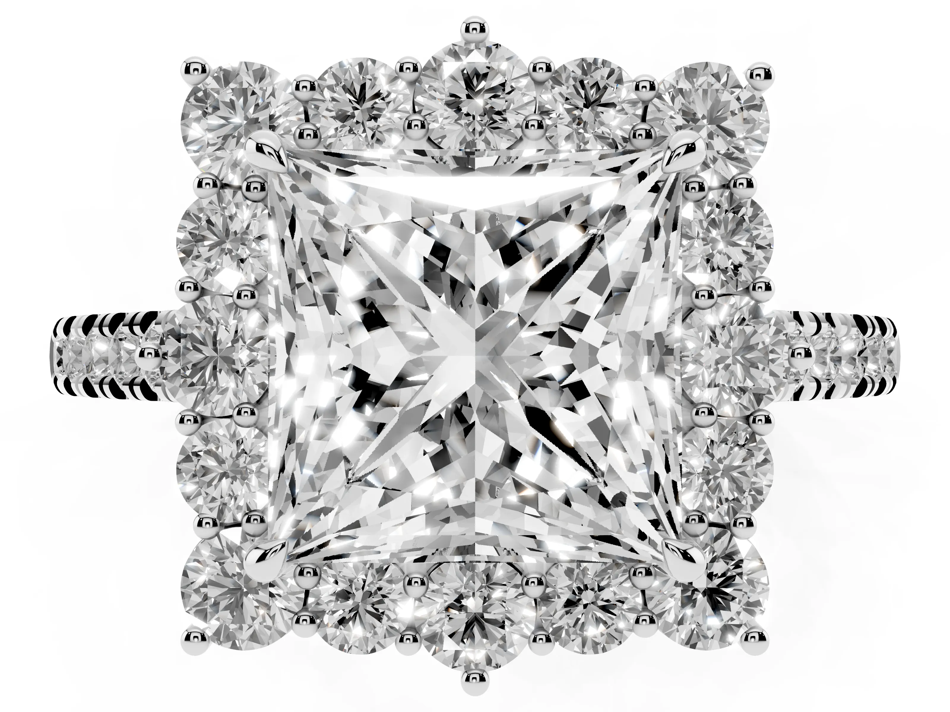 Princess Cut Diamond Halo Ring Set in White gold with Pavé Band and Prong Setting