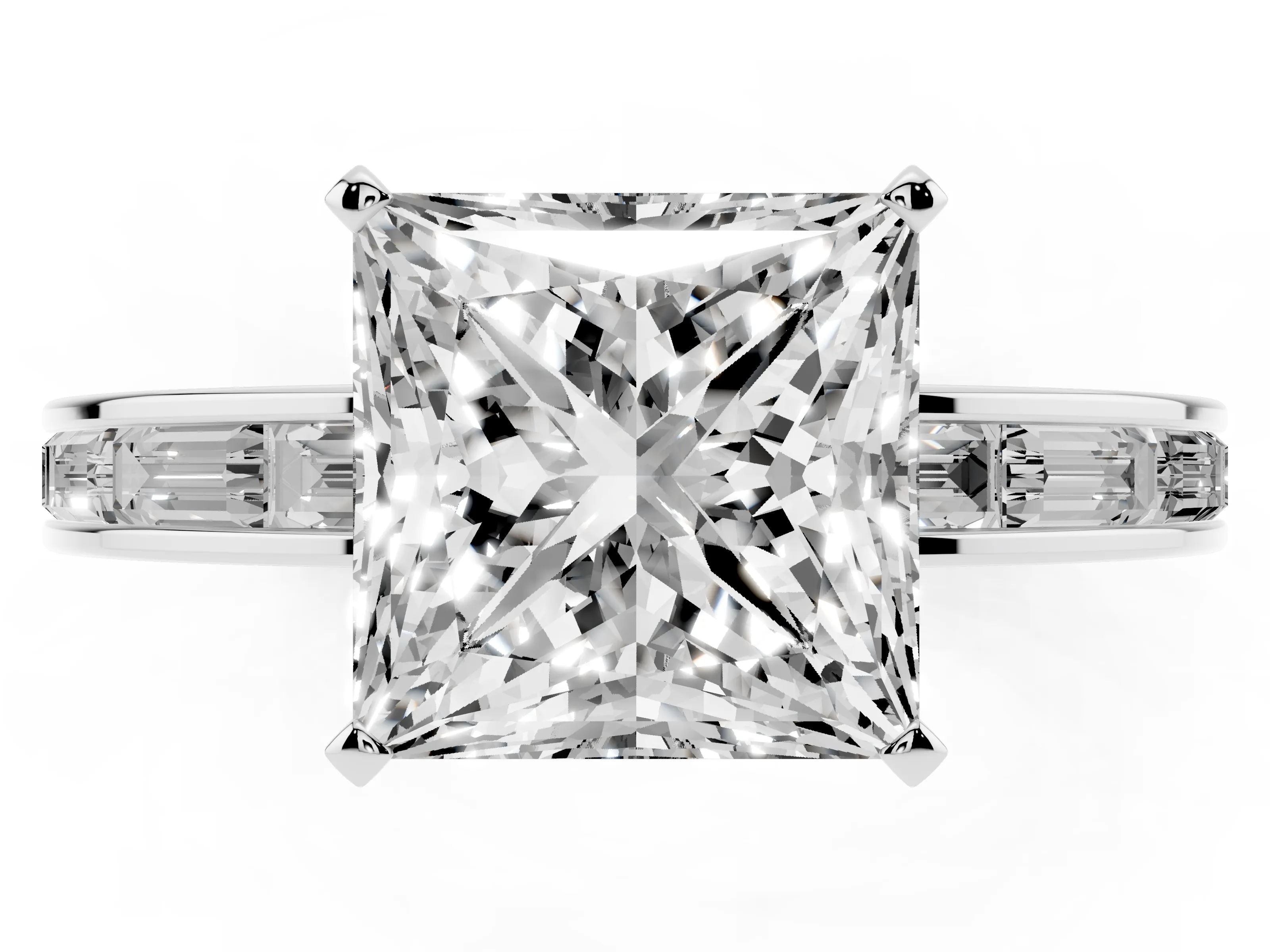 Princess Cut Diamond Solitaire Ring Set in White gold with Channel-Set Baguette Band and Prong Setting