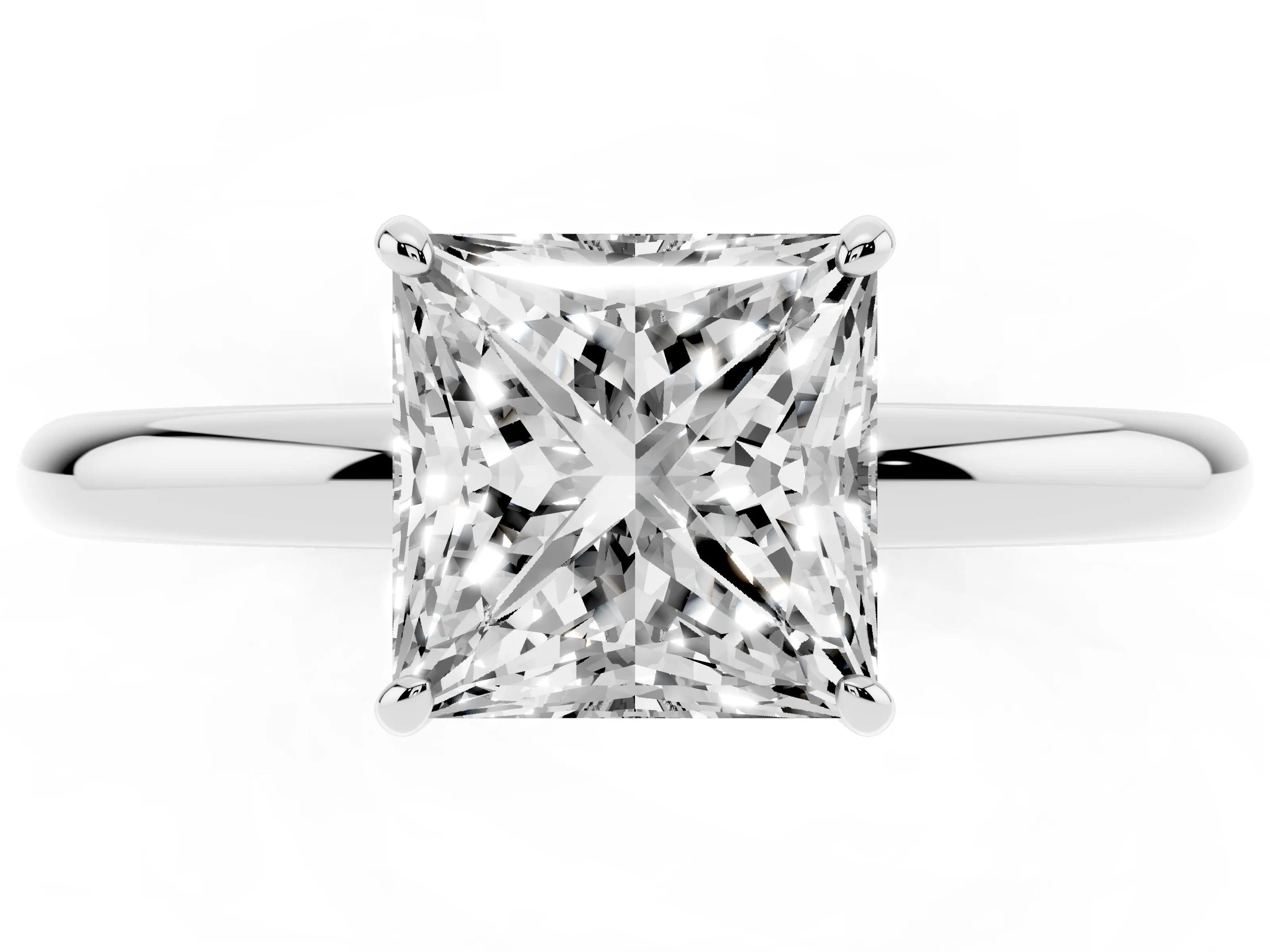 Princess Cut Diamond Solitaire Ring Set in White gold with Prong Setting on a Polished Plain Band