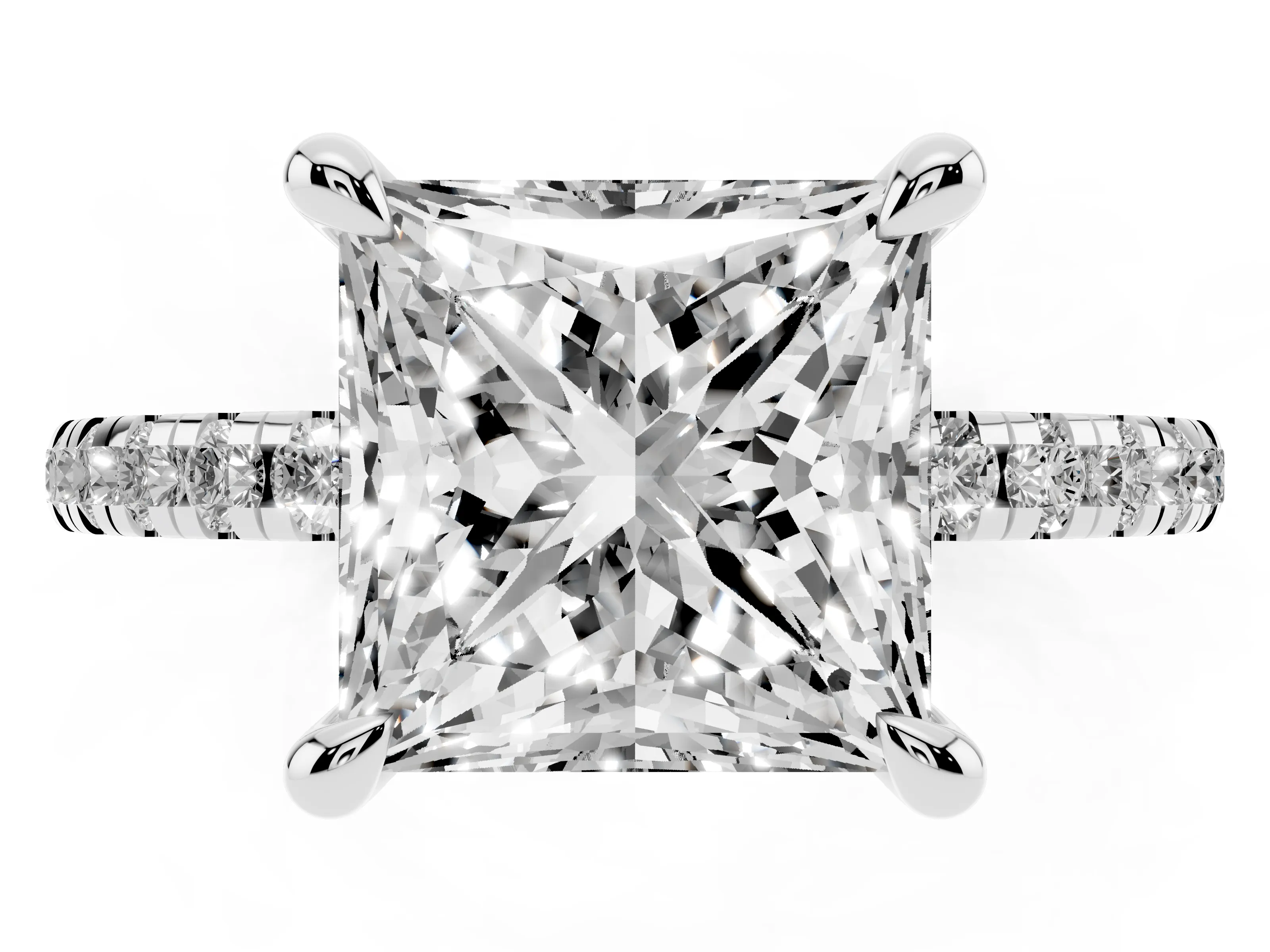 Princess Cut Diamond Brilliant Solitaire Ring Set in White gold with Pavé Band and Prong Setting