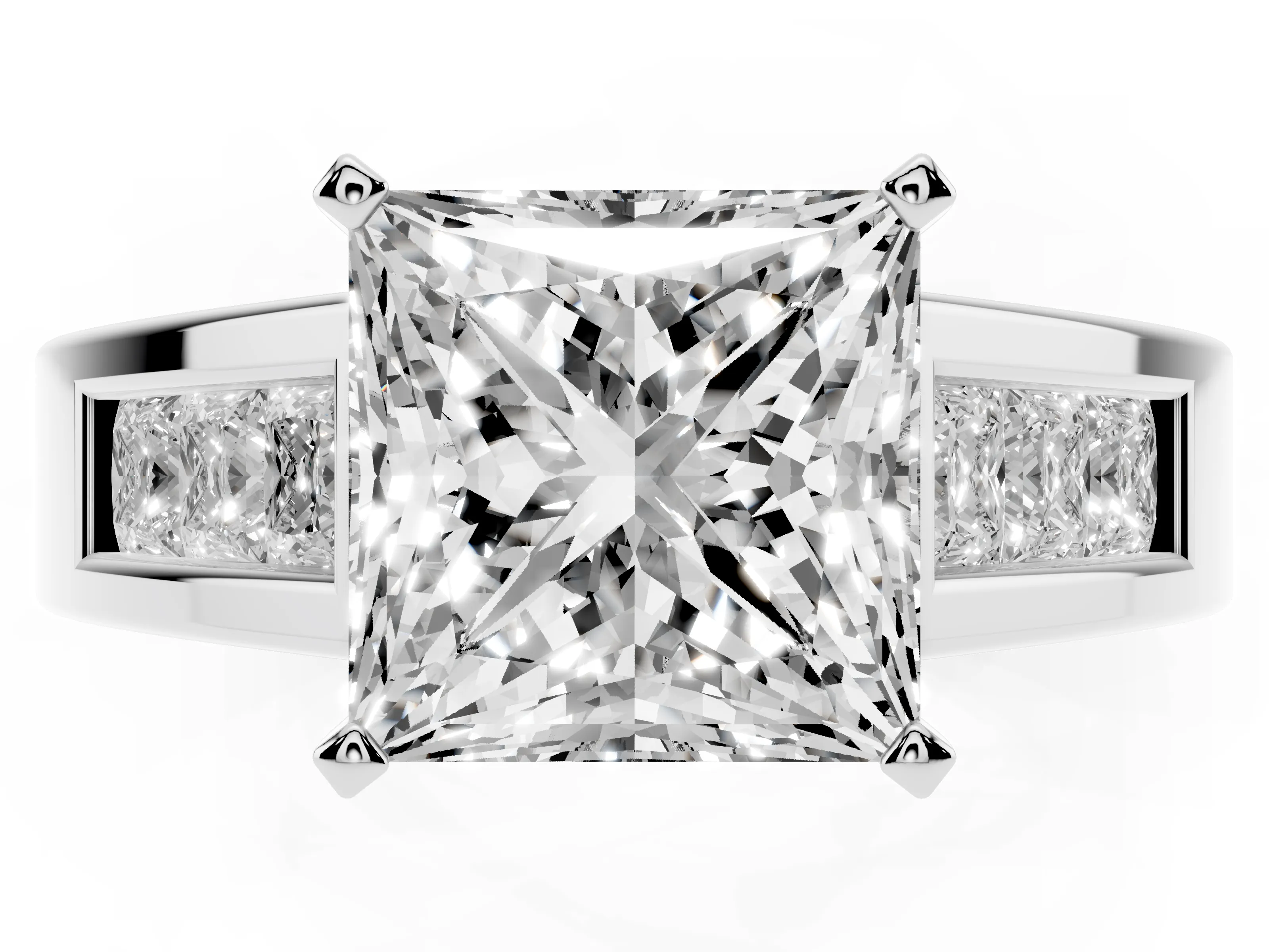 Princess Cut Diamond Solitaire Ring Set in Silver with Channel-Set Accent Stones and Prong Setting