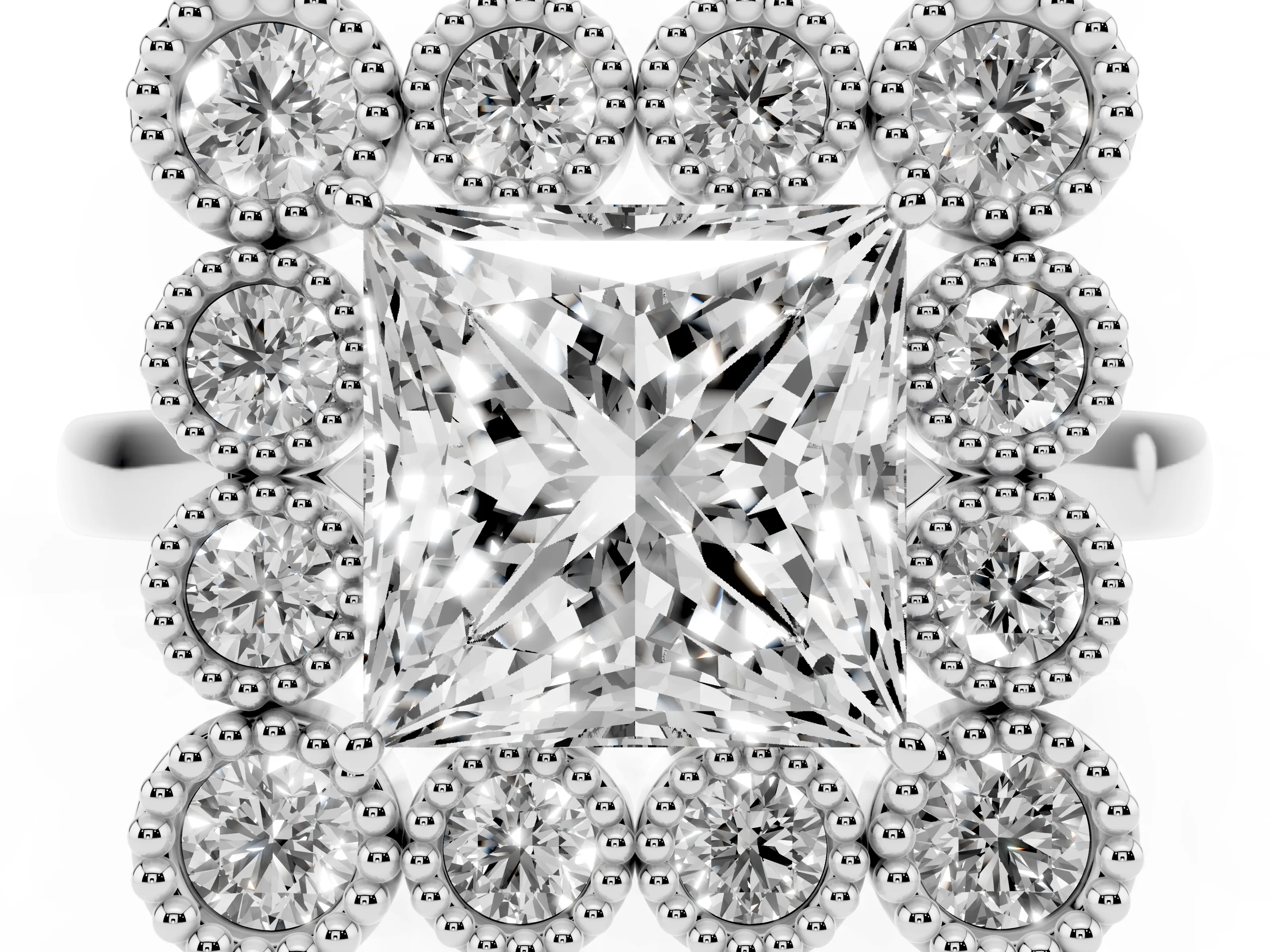 Princess Cut Diamond Cluster Halo Ring Set in White gold with Milgrain Bezel Accents and Plain Band