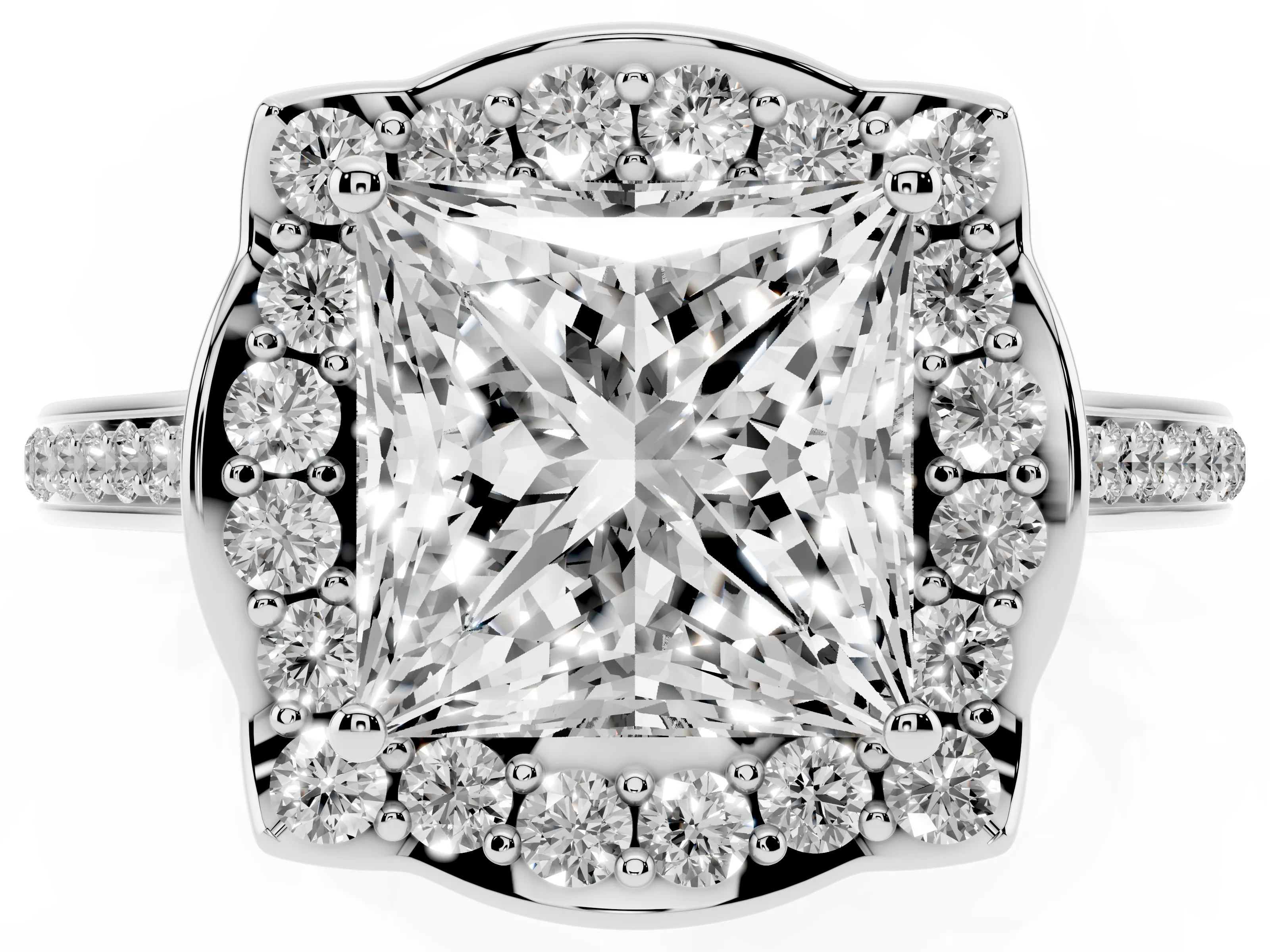 Princess Cut Diamond Halo Ring Set in Silver with Pavé-Lined Shoulders and Prong Setting