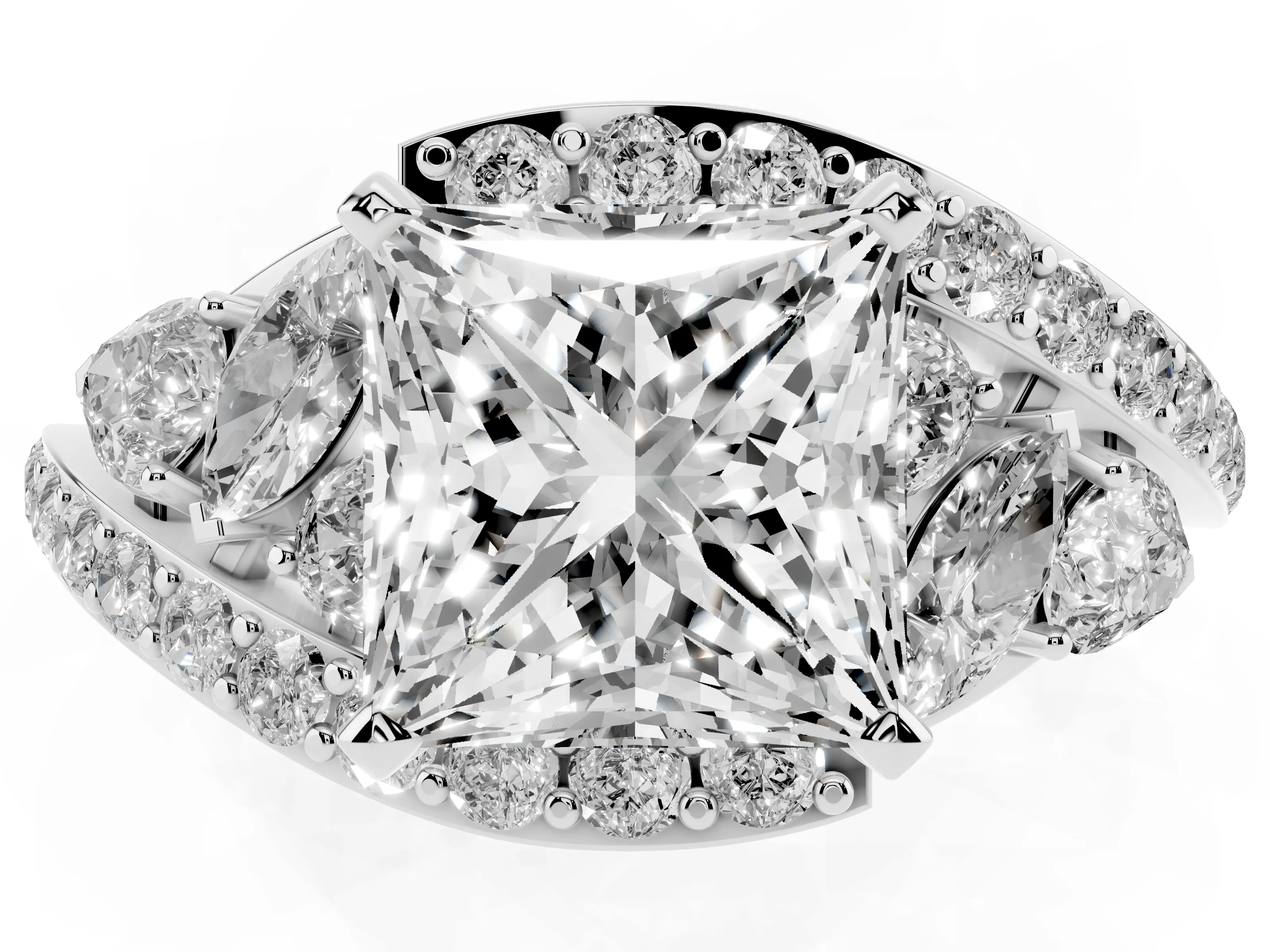 Princess Cut Diamond Halo Ring Set in Platinum with Marquise and Pavé Band in Prong Setting