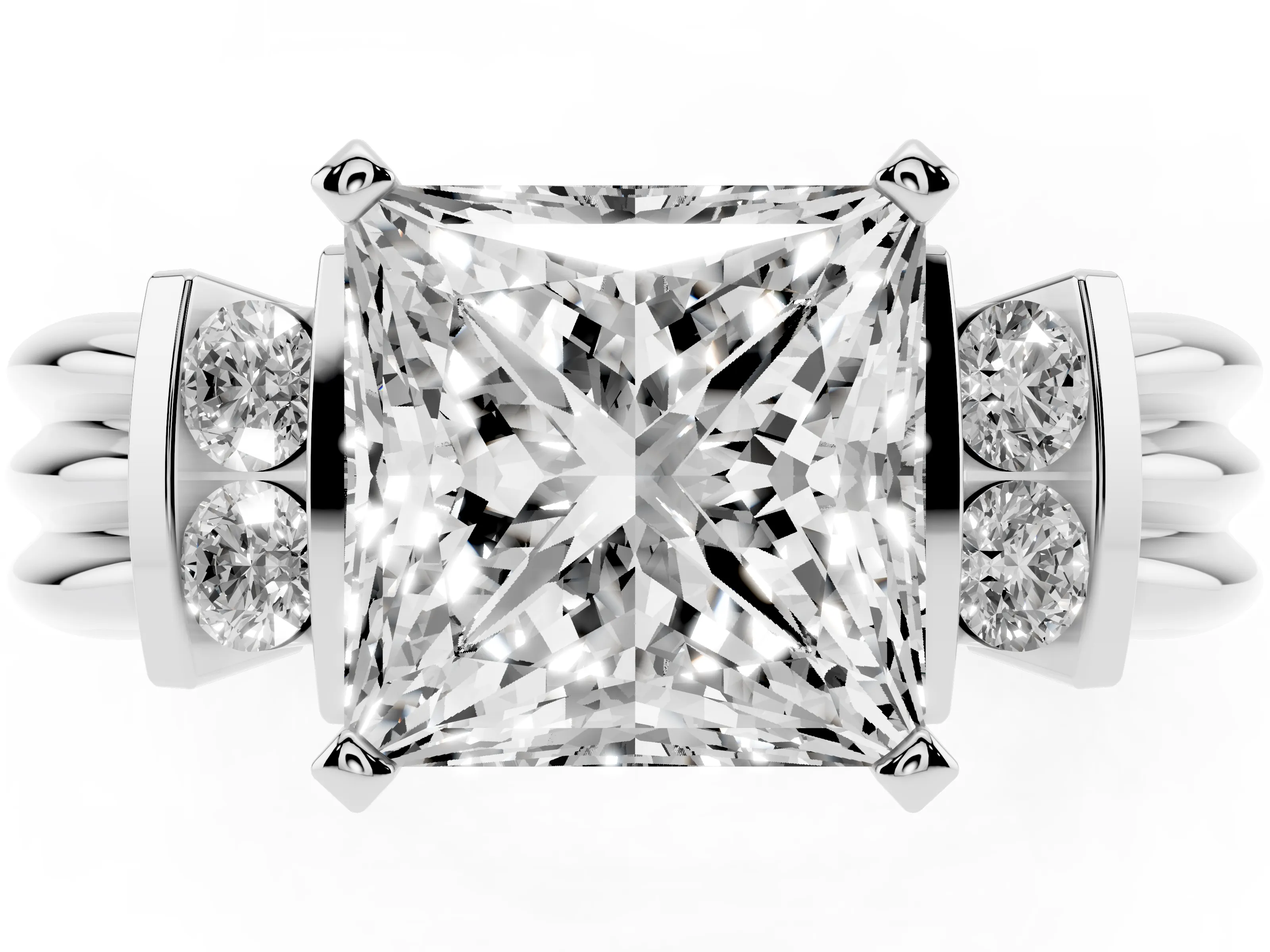 Three-Stone Princess Cut Diamond Channel Set Ring Set in White gold with Bar Prongs