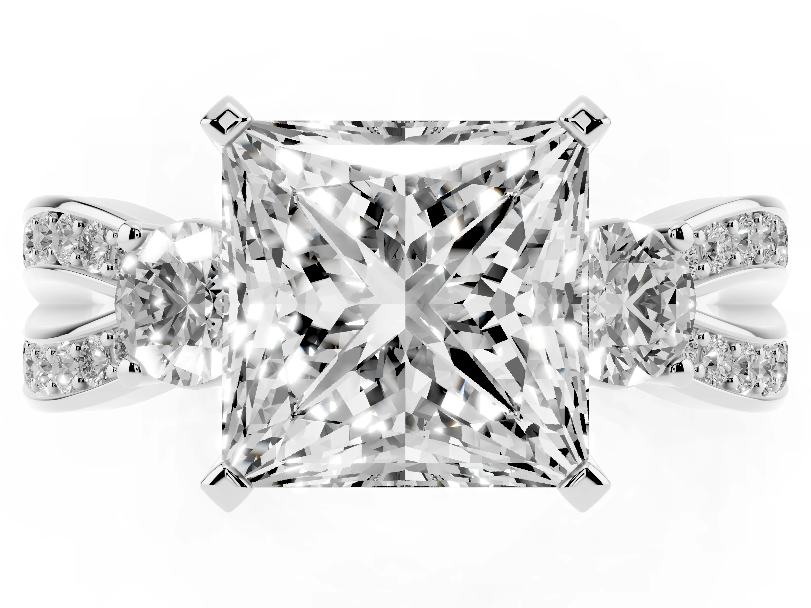 Three-Stone Princess Cut Diamond Twist Band Ring Set in Platinum with Pavé Accents and Prong Setting