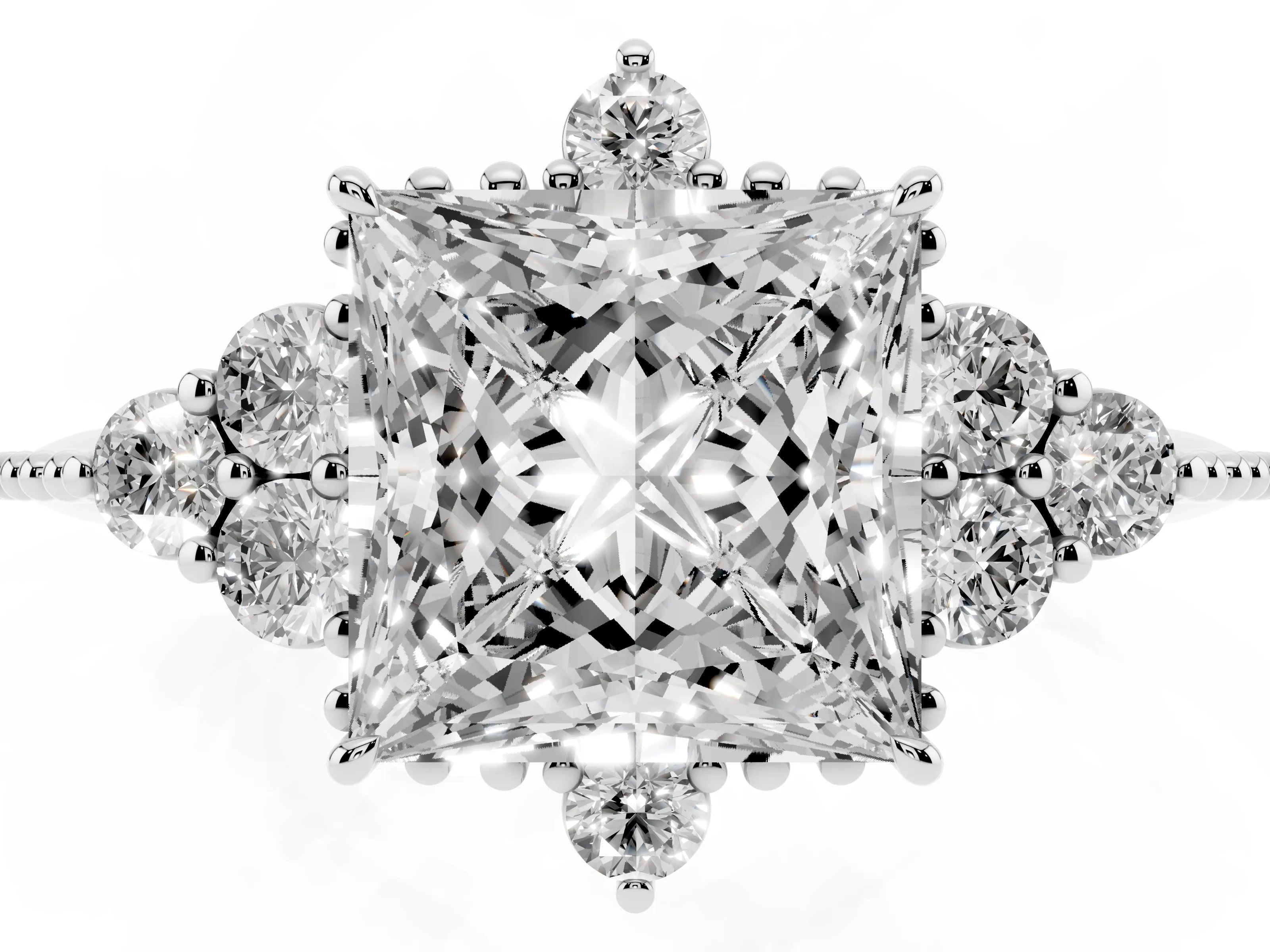 Princess Cut Diamond Cluster Ring Set in Platinum with Beaded Band