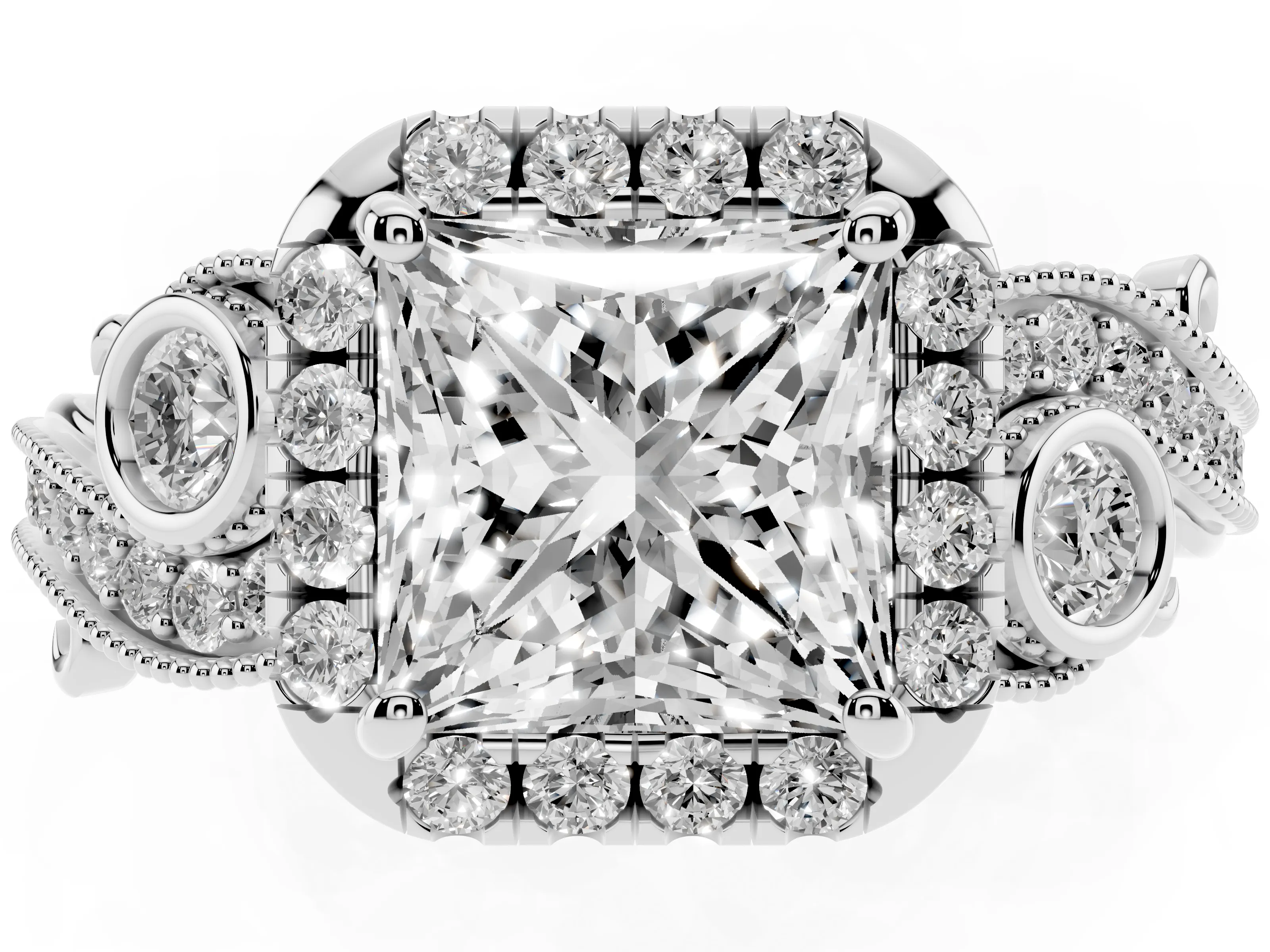 Princess Cut Diamond Halo Split Shank Ring Set in Silver with Milgrain and Bezel Accents