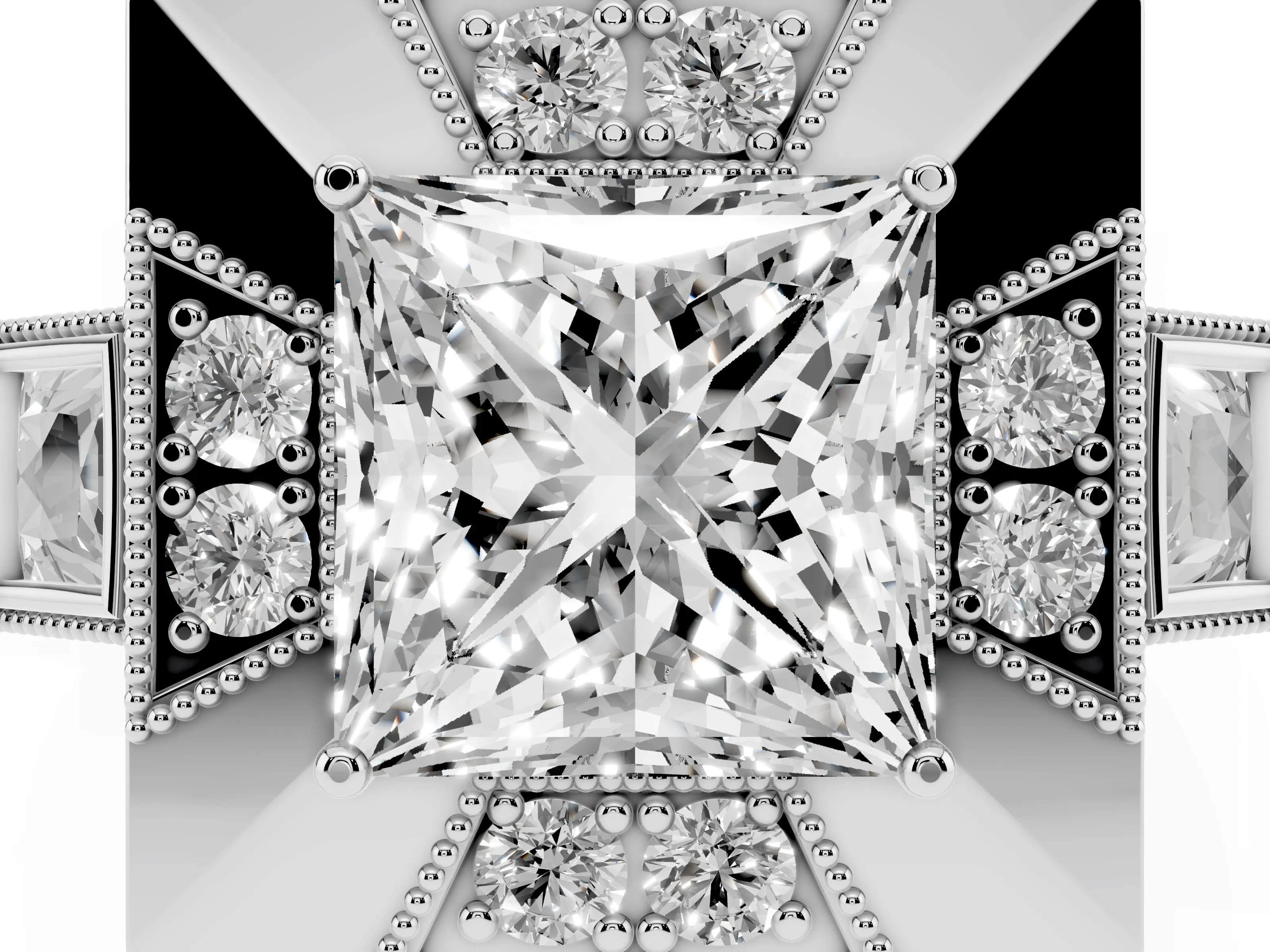Princess Cut Diamond Milgrain Halo Ring Set in Silver with Split Shank