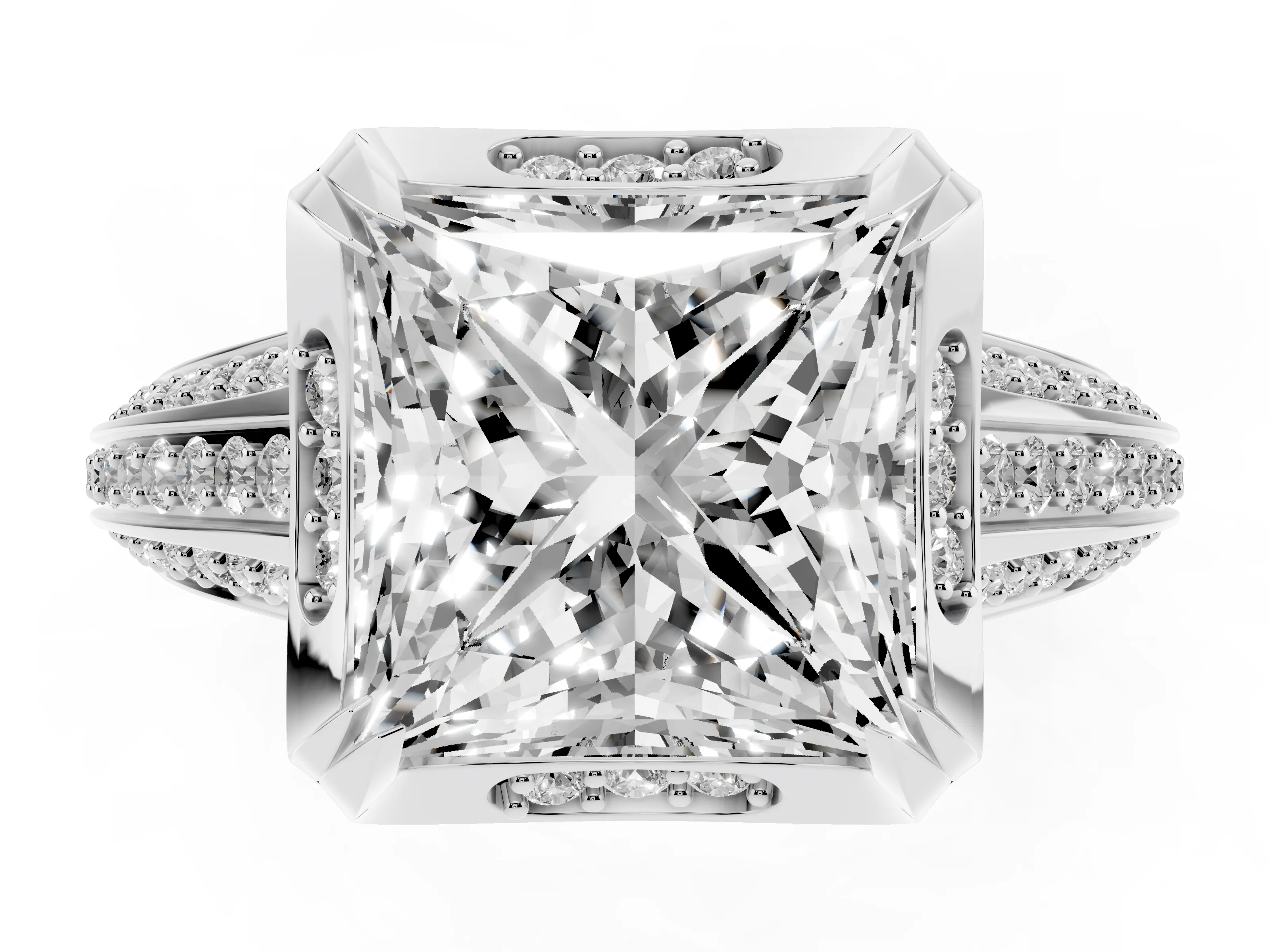 Princess Cut Diamond Pavé Split Shank Solitaire Ring Set in Platinum with Prong Setting