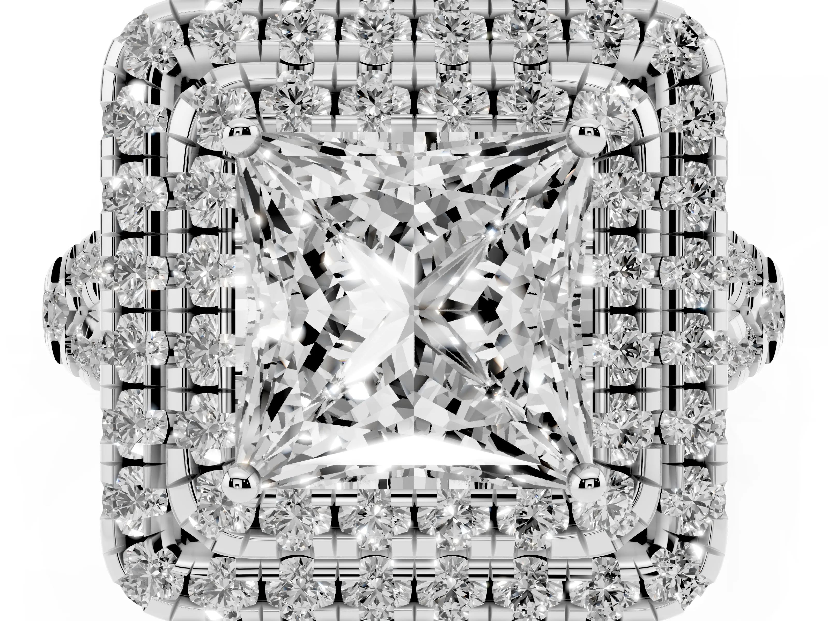 Princess Cut Diamond Double Halo Ring Set in Silver with Pavé Split Shank and Prong Setting