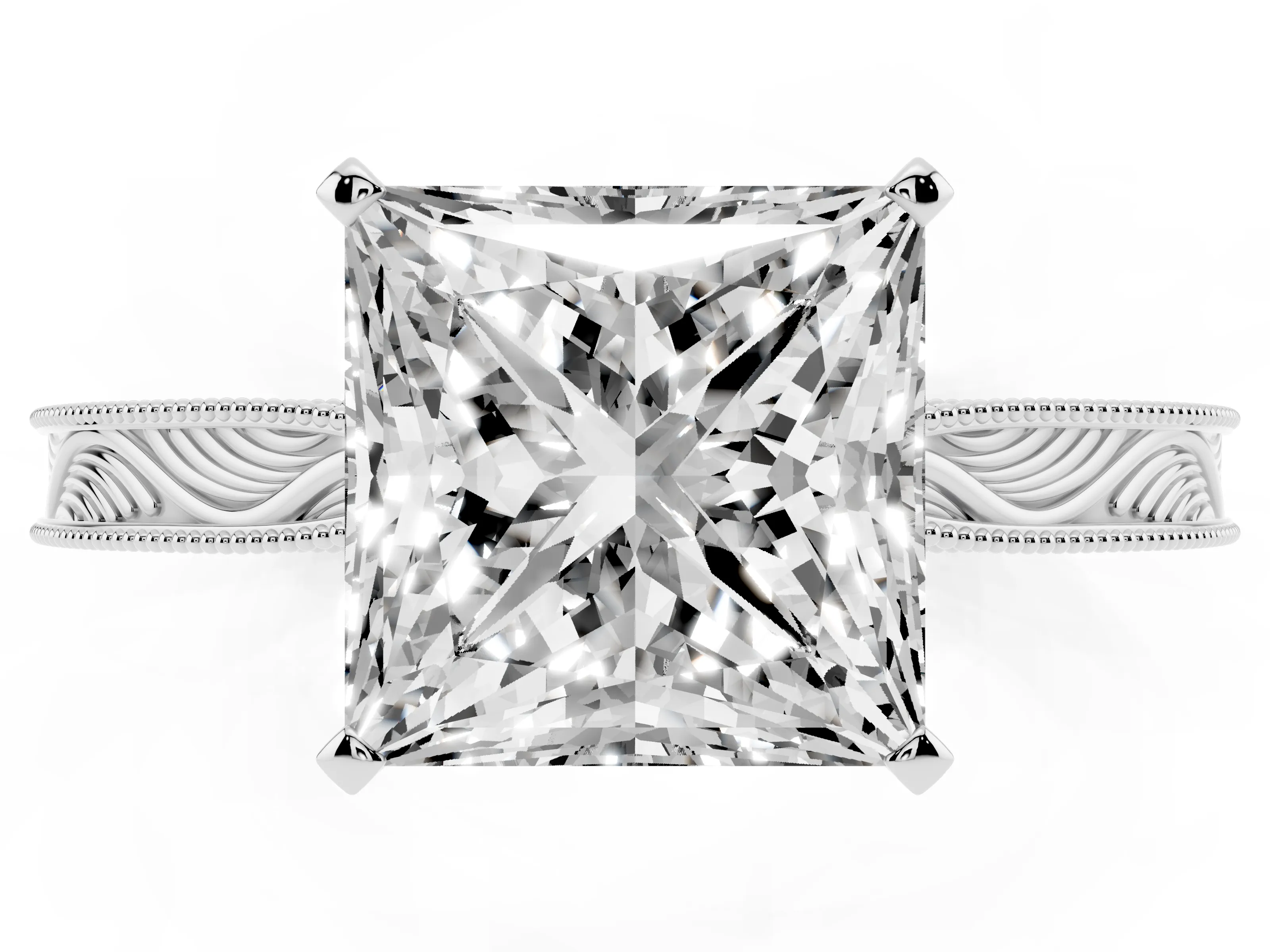Princess Cut Diamond Solitaire Milgrain Engraved Band Set in Platinum with Prong Setting