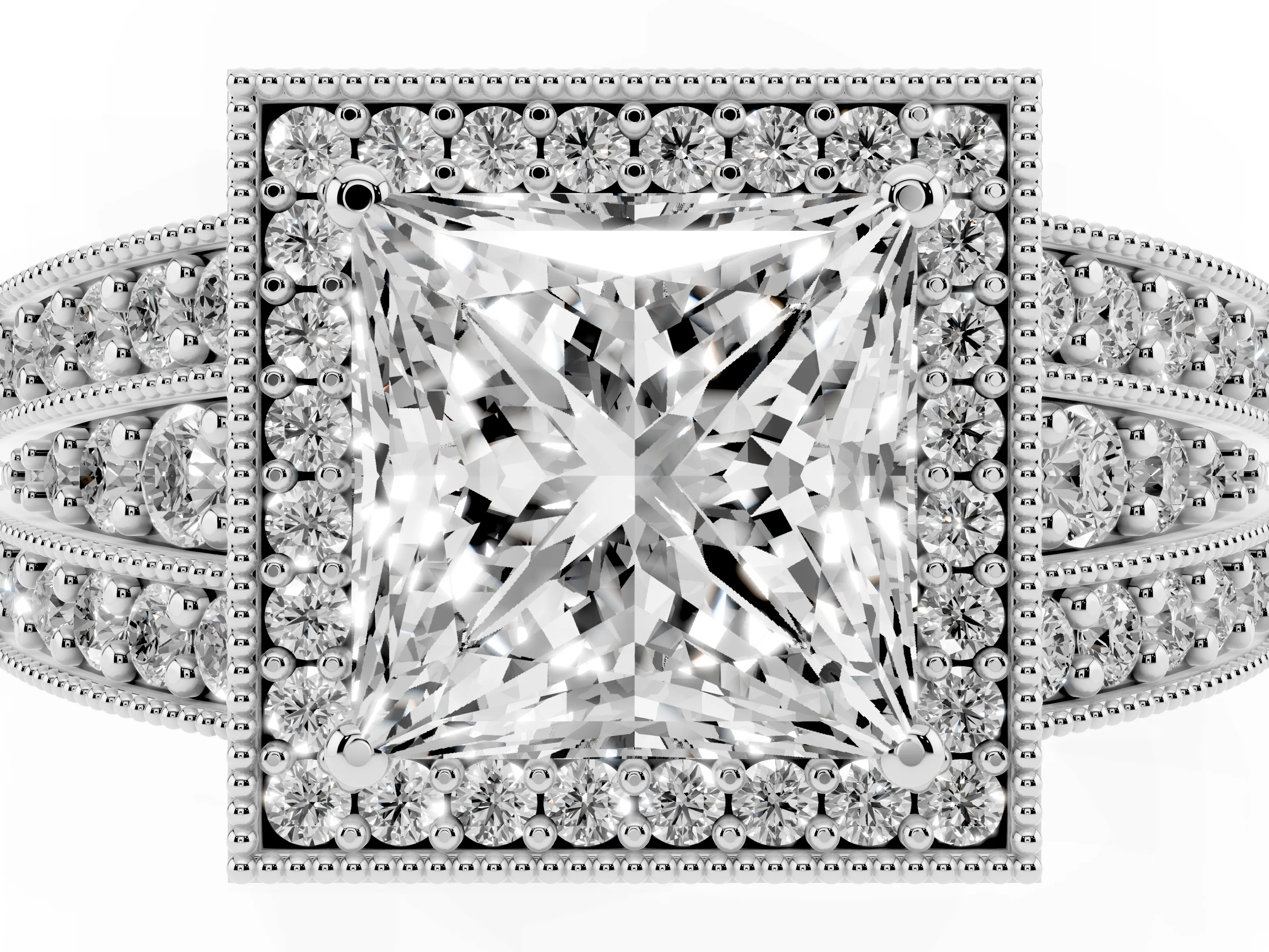 Princess Cut Diamond Halo Ring Set in White gold with Accent Split Shank and Prong Setting