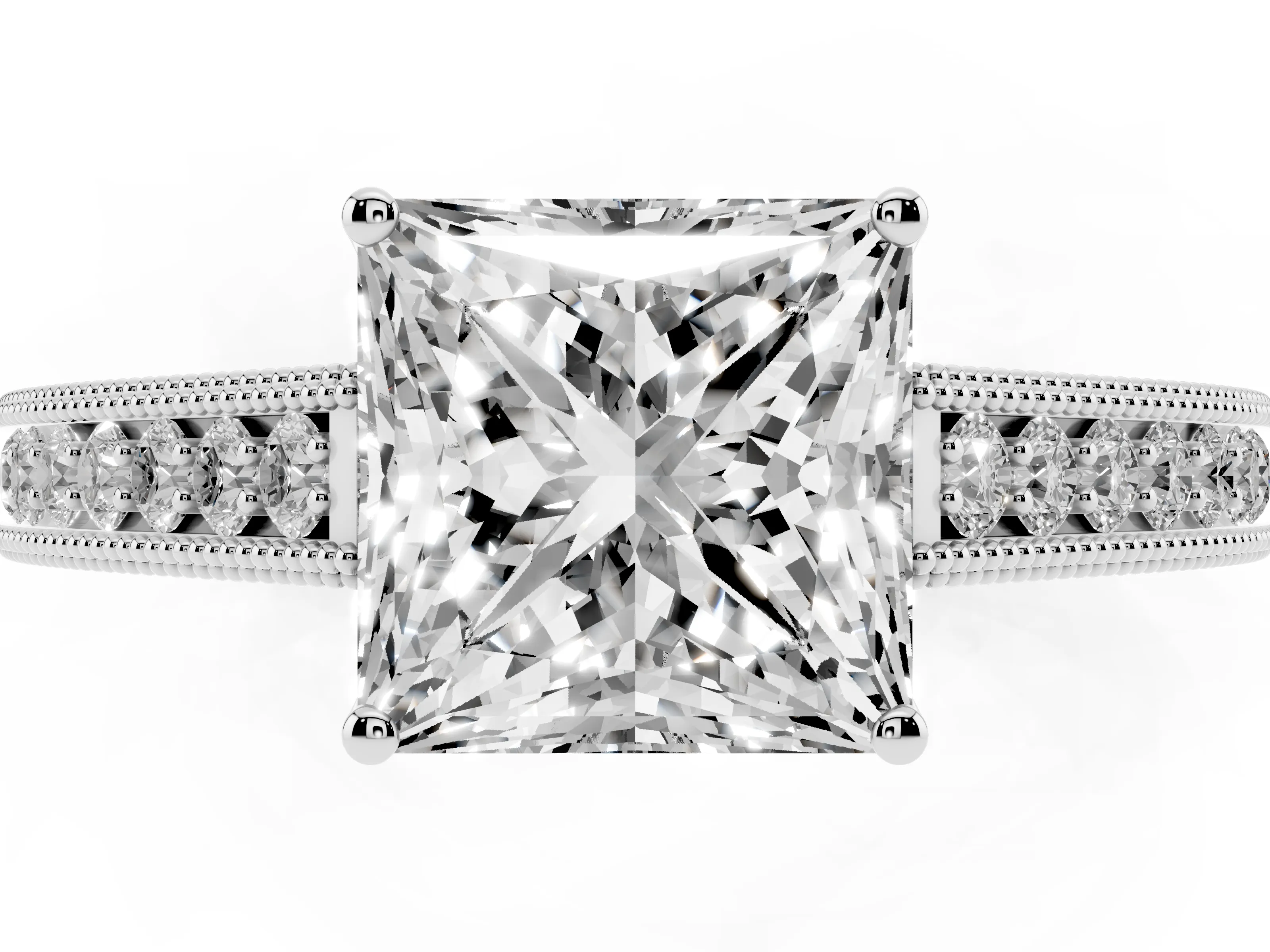 Princess Cut Diamond Milgrain Pavé Band Solitaire Ring Set in White gold with Prong Setting